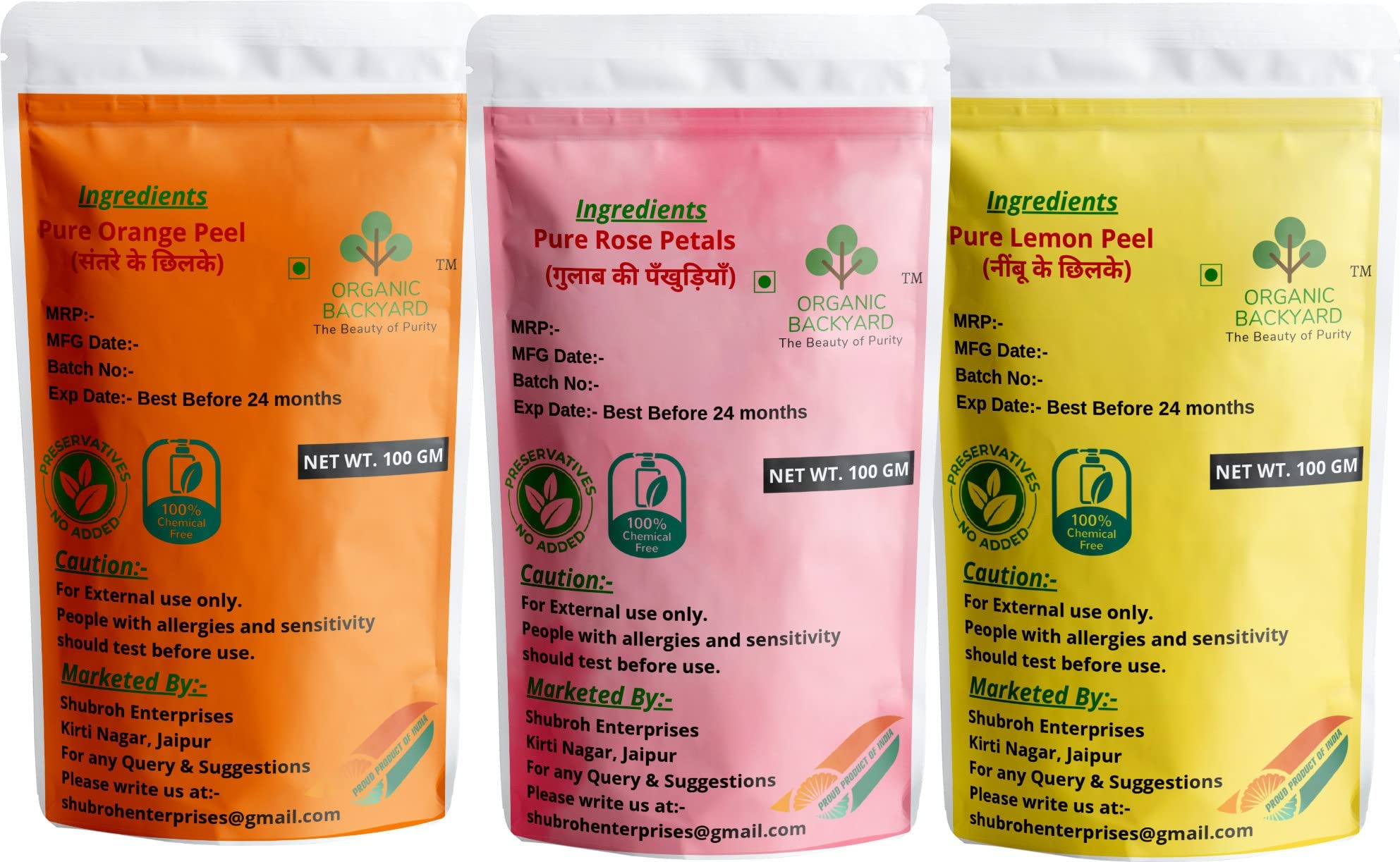 100% Organic Rose Petal, Orange Peel & Lemon Peel Powder Combo - 100g Each for Glowing Skin | Natural Face Mask & Exfoliator for Dry & Sensitive Skin Care