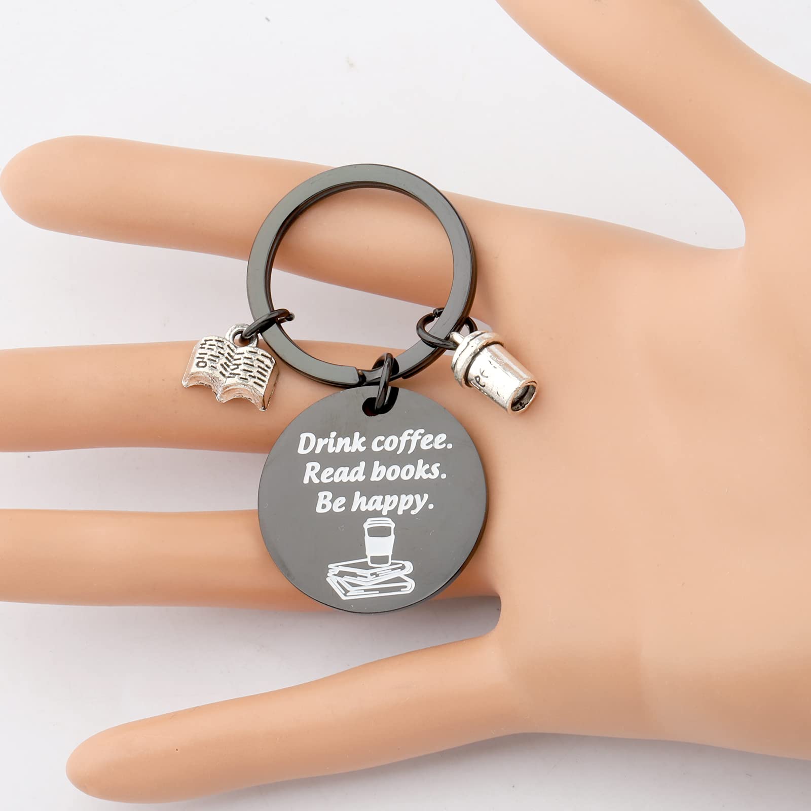 BEKECH Book & Coffee Lovers Gift Keychain - Inspirational 'Drink Coffee Read Books Be Happy' Charm - Perfect for Readers, Writers & Bibliophiles (Great for Book Clubs, Gifts & Everyday Carry)