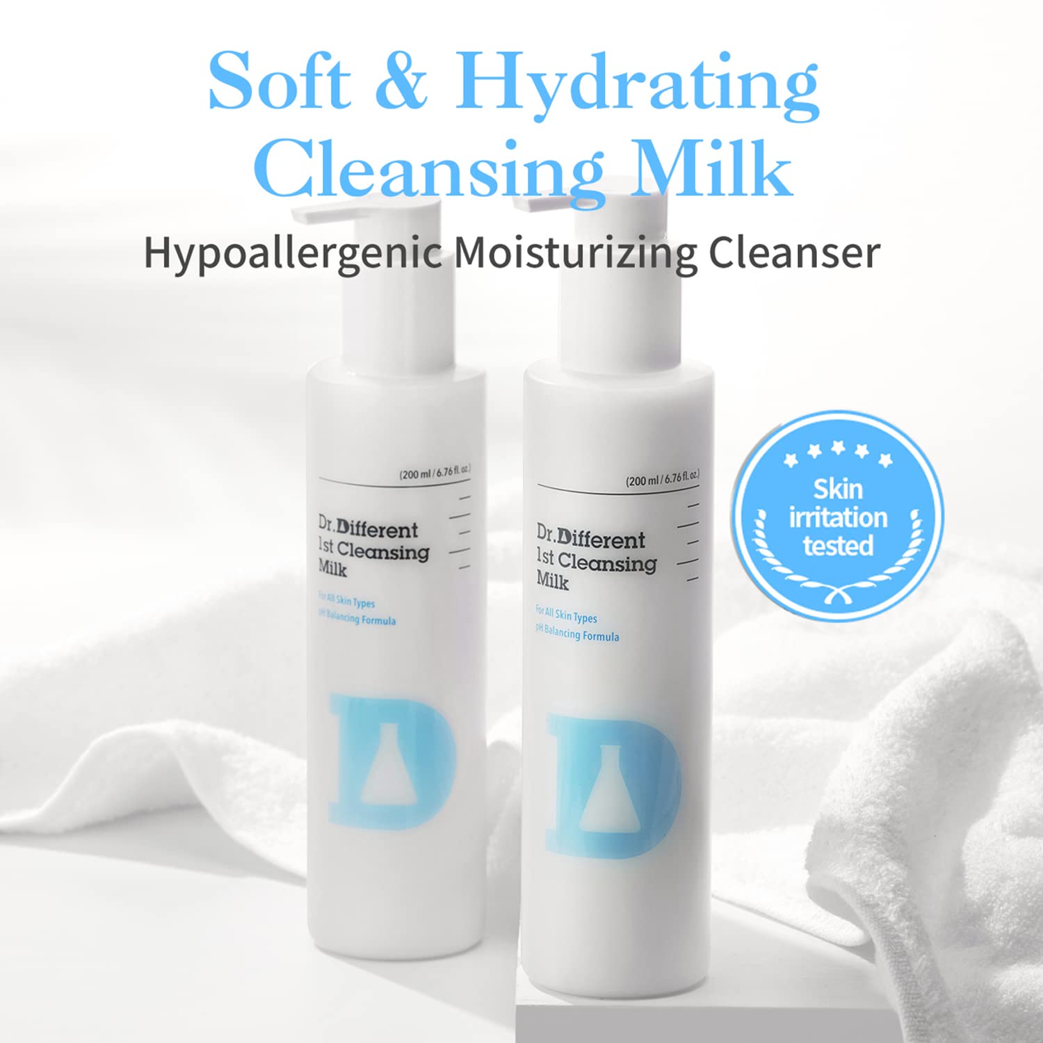 Dr. Different Hydrating Cleansing Milk for Dry & Sensitive Skin | Sunflower Seed Oil Makeup Remover | pH Balanced Face Wash | Gentle Cleanser for Makeup & Impurities Removal (6.76 fl.oz) | Perfect for Daily Skincare Routine & Post-Makeup Cleansing