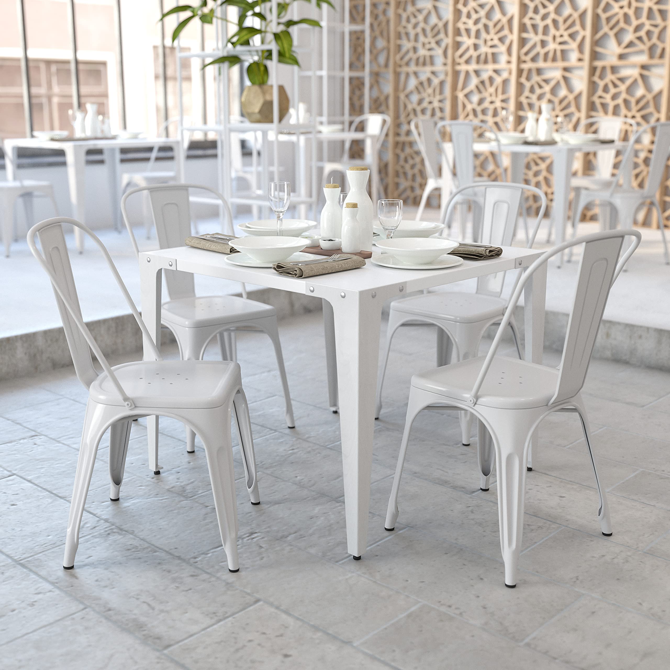 4 Pack White Metal Stackable Chairs for Indoor & Outdoor Use - Durable Bistro & Restaurant Chairs - Perfect for Dining, Cafes, Patios & Events