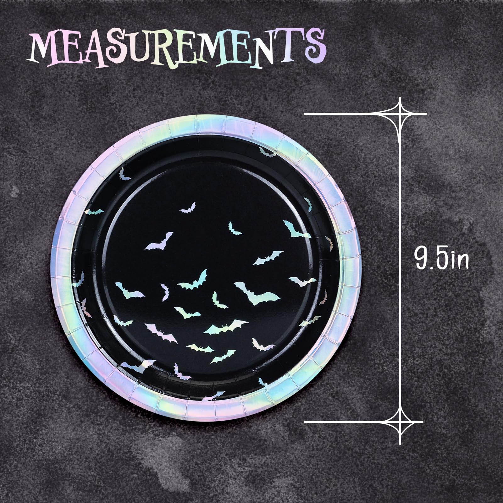 50-Count Halloween Paper Plates - Disposable Dinner Plates with Bats & Iridescent Silver Foil Design for Halloween Party Supplies, Decorations & Spooky Celebrations