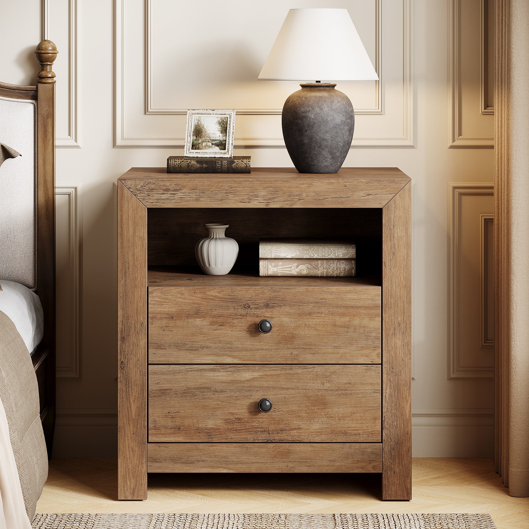 23.6 Inch Rustic Nightstand with 2 Storage Drawers - Wooden Bedside Table for Bedroom, Living Room & Office - Compact End Table with Ample Storage Space