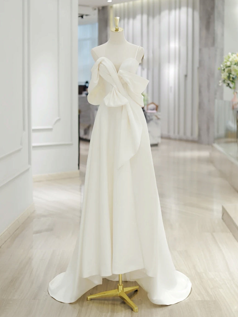 Elegant Off Shoulder Satin White Long Prom Dress - Formal Evening Gown for Homecoming, Wedding, Party & Special Occasions
