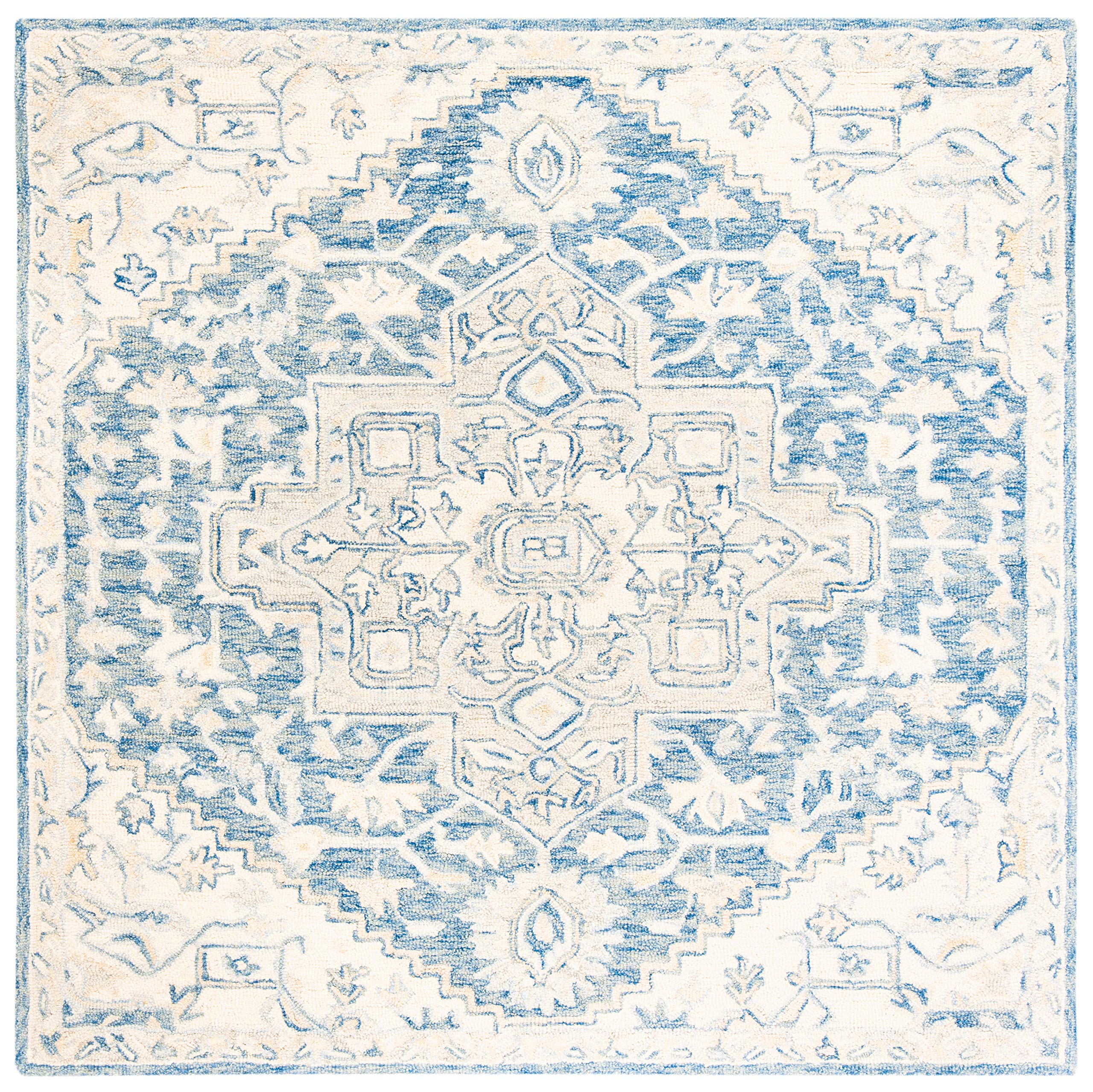 SAFAVIEH Micro-Loop Collection 7' Square Blue Ivory MLP503M Handmade Premium Wool Area Rug - Shabby Chic Medallion Design for Living Room, Dining Room & Bedroom | Soft & Durable Floor Covering for Home Decor