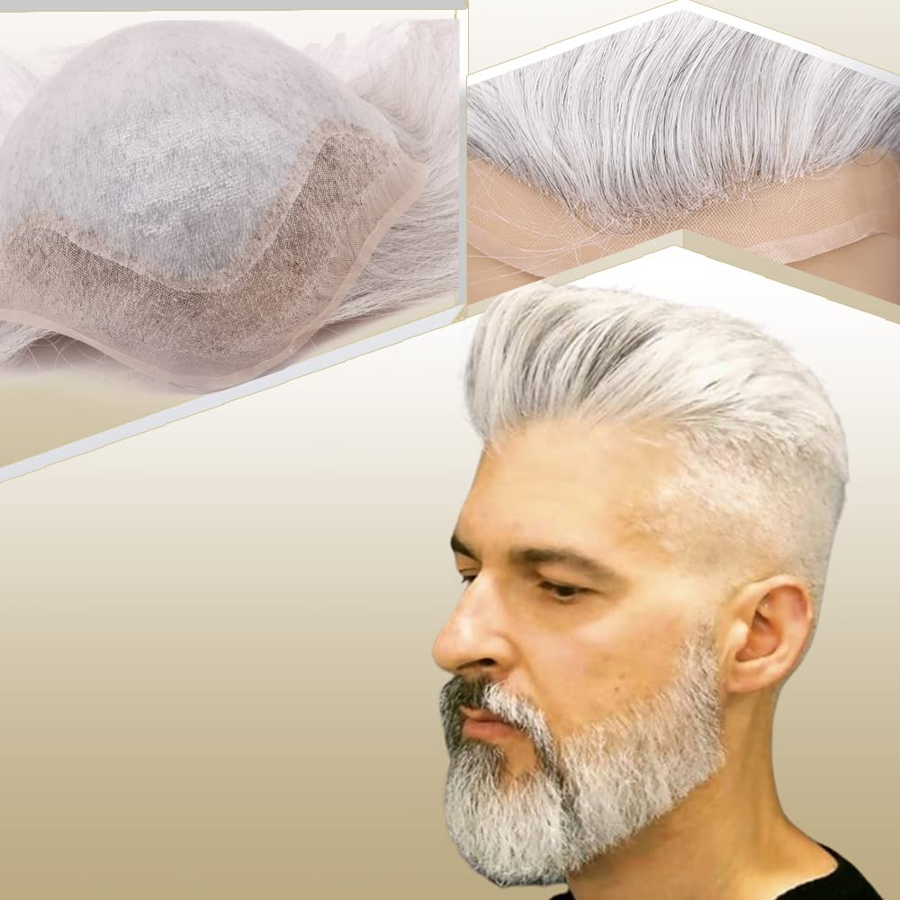 Premium European Human Hair Toupee for Men - Swiss Lace Front 0.08mm Thin Skin PU Base - 10x8 Inch 1B Mixed 90% Grey White Hair - Natural Looking Hair Replacement for Thinning Hair & Baldness - Perfect for Daily Wear, Special Occasions & Professional Settings