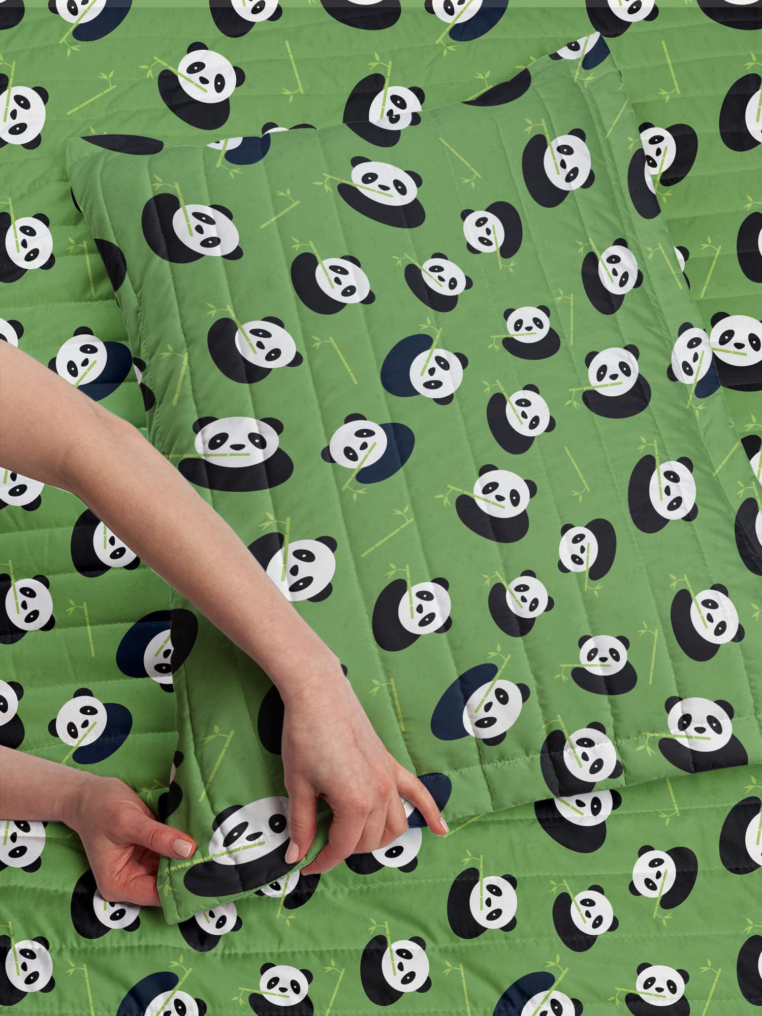 Lunarable Panda Microfiber Bedspread Set - Cartoon Asian Bear Animal Eating Branches Nature Wildlife Design, Soft Twin Size Bedding with Pillow Shams & Comforter in White Black Green - Perfect for Kids' Rooms, Wildlife Themed Decor, and Cozy Bedroom Makeovers