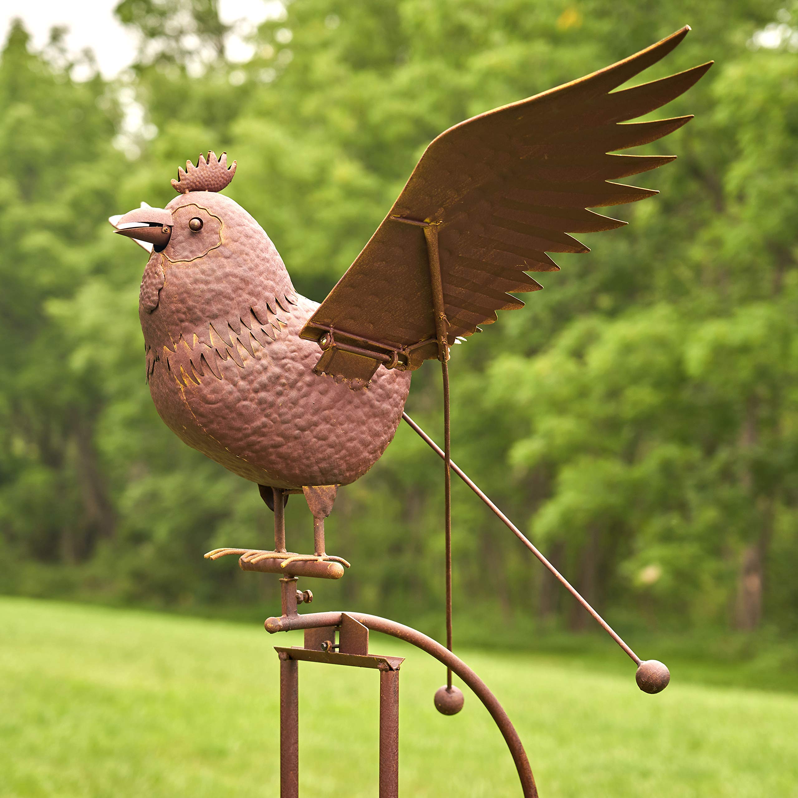 Large Rocking Animal Garden Stakes with Flapping Wings - Rust Brown Rooster Decoration for Outdoor Yard, Patio & Flower Beds