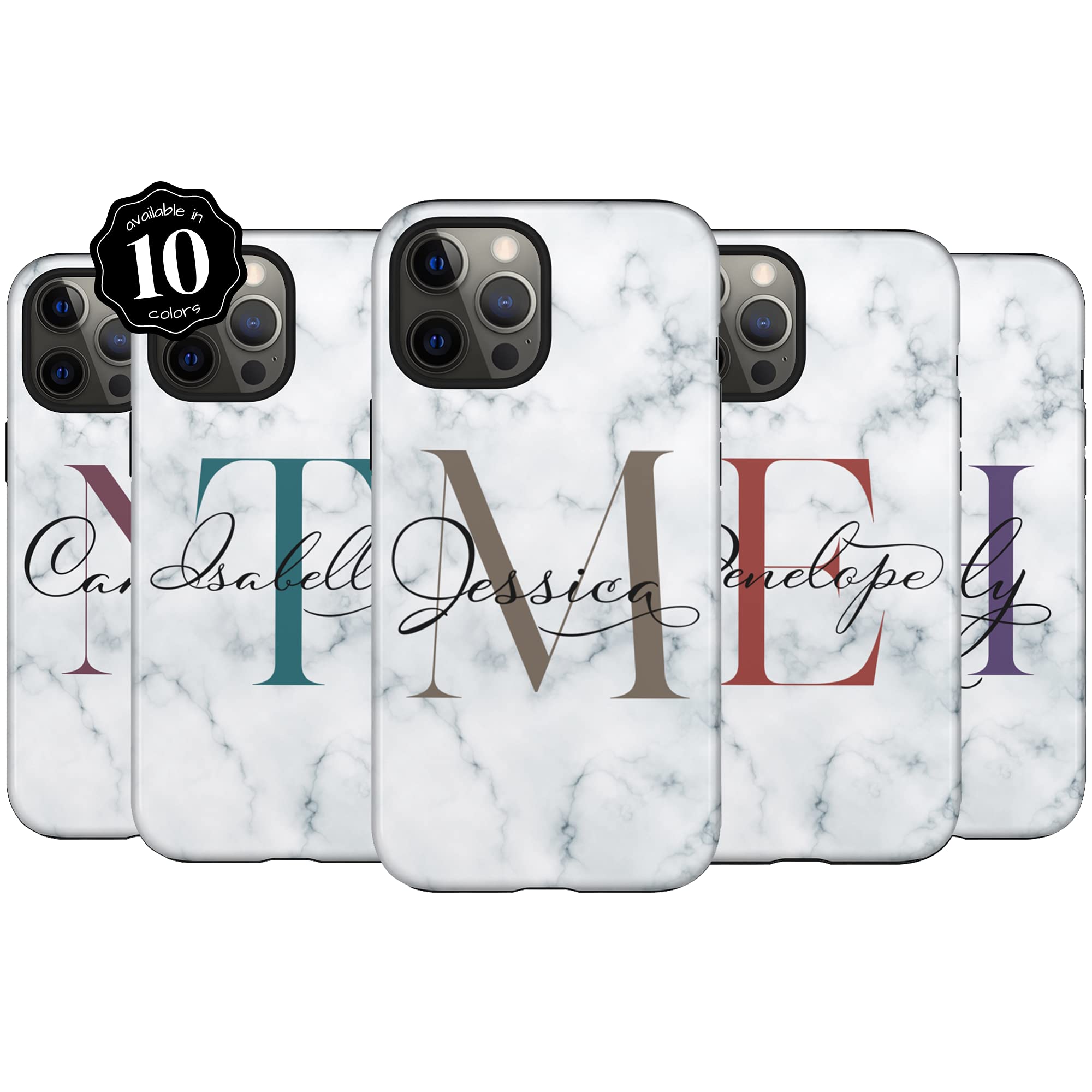 Personalized White Marble Monogram Phone Case - Custom Initial Name Engraved Cover for iPhone 16 Plus/15 Pro Max/14/13 Mini/12/11/X/XS Max/XR/7/8 - Elegant Protection for Work, Travel & Daily Use