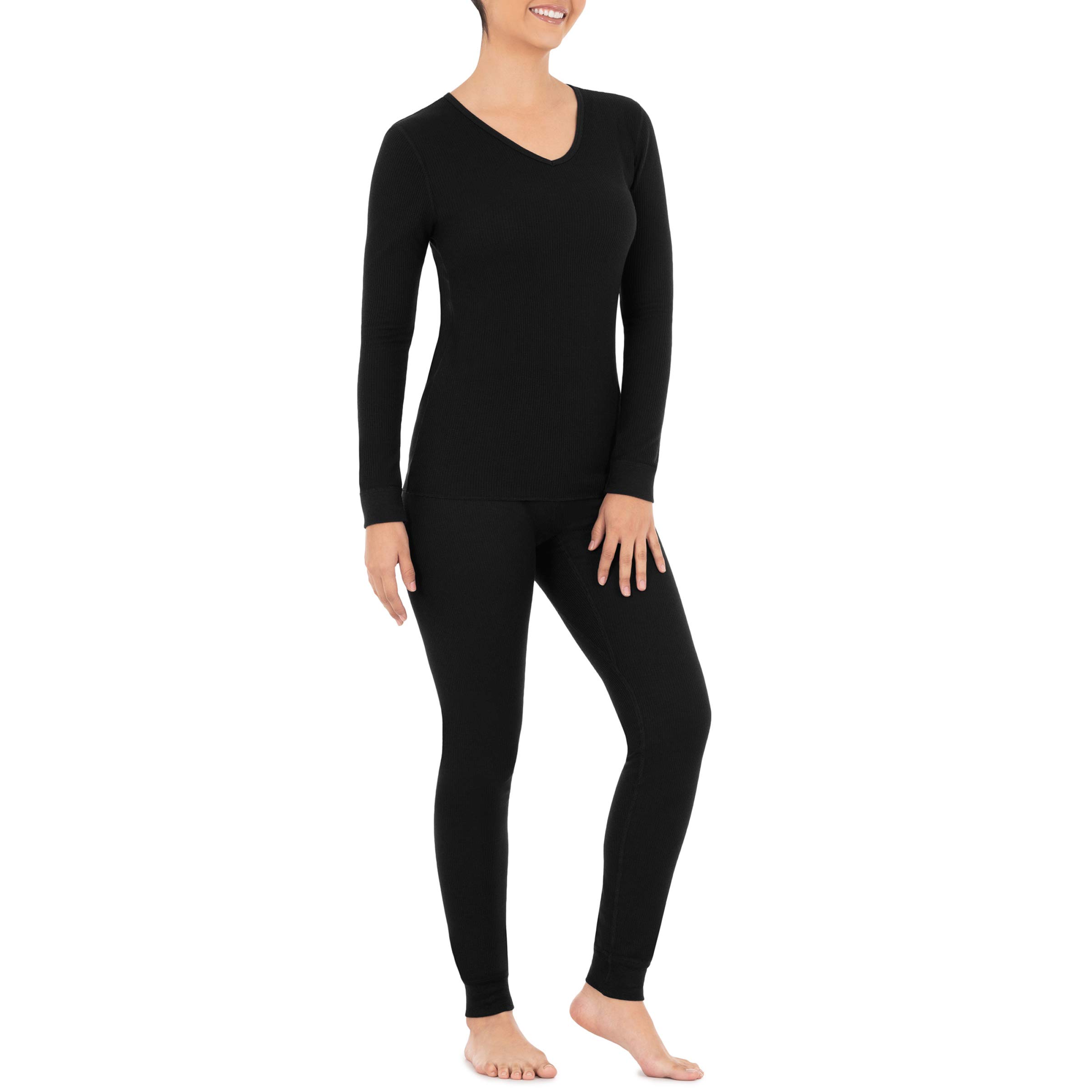 Fruit of the Loom Women's Micro Waffle Thermal V-Neck Long Sleeve Shirt - Soft Winter Warm Layering Top for Casual Wear & Outdoor Activities