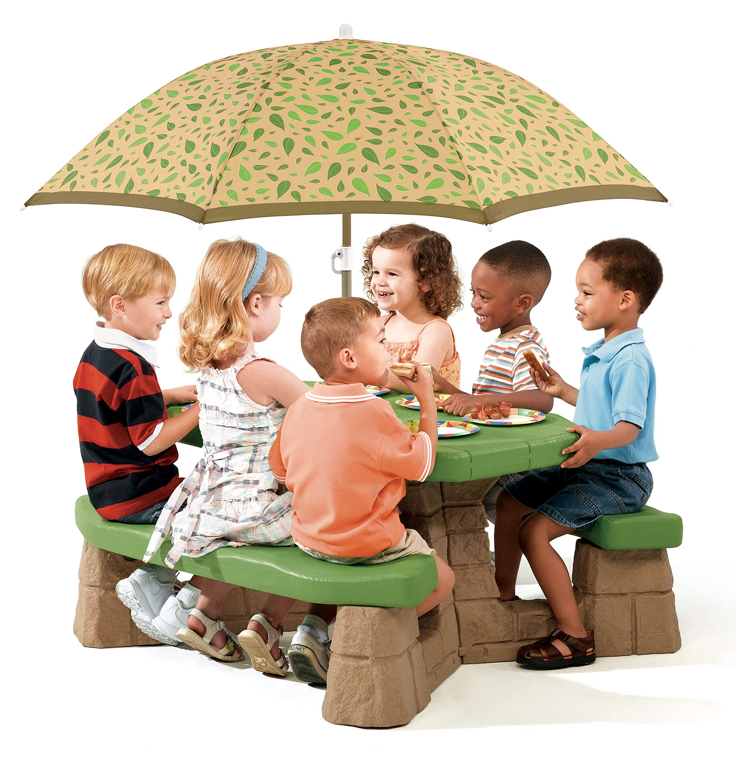 Step2 Naturally Playful Kids Picnic Table with Removable Umbrella - Durable Plastic Outdoor/Indoor Play Table for Toddlers Ages 3+ (Green Leaf Design, Seats 6 Children) - Perfect for Backyard Playdates, Birthday Parties & Daycare Centers