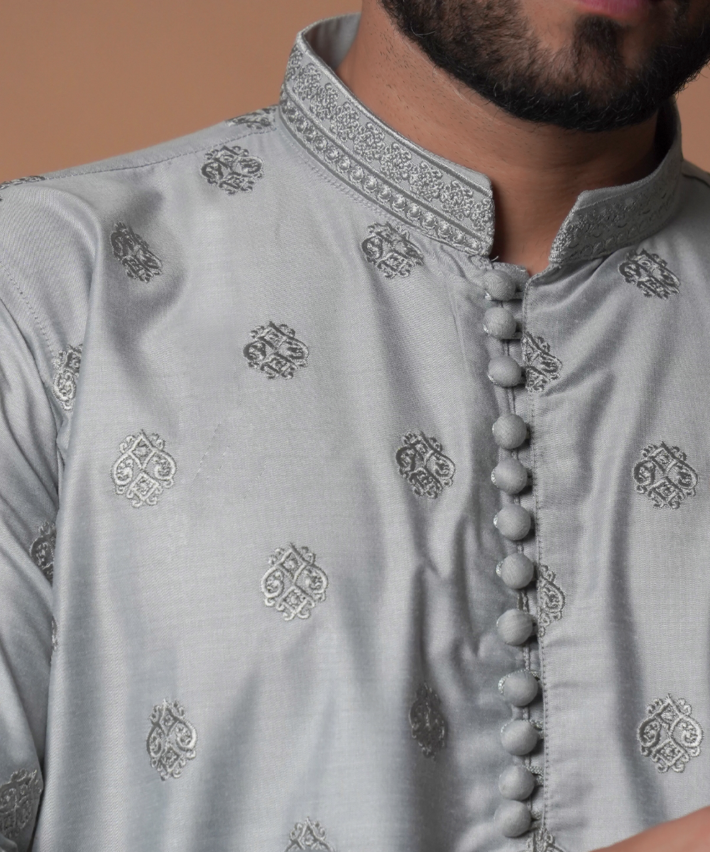 Stylish Ash Grey Motif Kurta and Pants Set for Men - Traditional Indian Ethnic Wear for Festivals, Weddings & Casual Outings