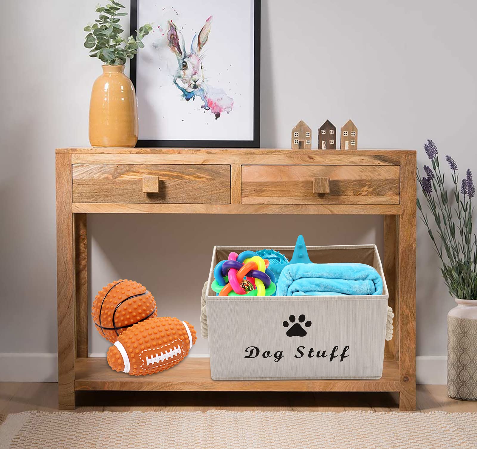 Morezi Canvas Pet Toy Storage Bin & Organizer Basket - White | Perfect for Dog & Cat Toys, Blankets, Leashes, Food | Ideal for Living Room, Bedroom & Pet Play Areas