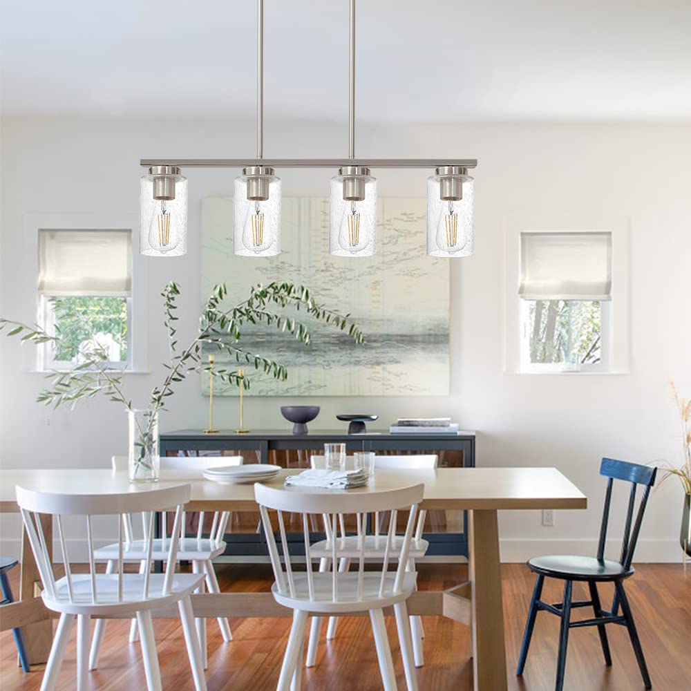 4-Lights Kitchen Island Pendant Lighting with Seeded Glass Shades - Brushed Nickel Hanging Ceiling Fixture for Farmhouse, Dining Room & Modern Kitchen Decor | Perfect for Kitchen Islands, Breakfast Bars and Dining Areas