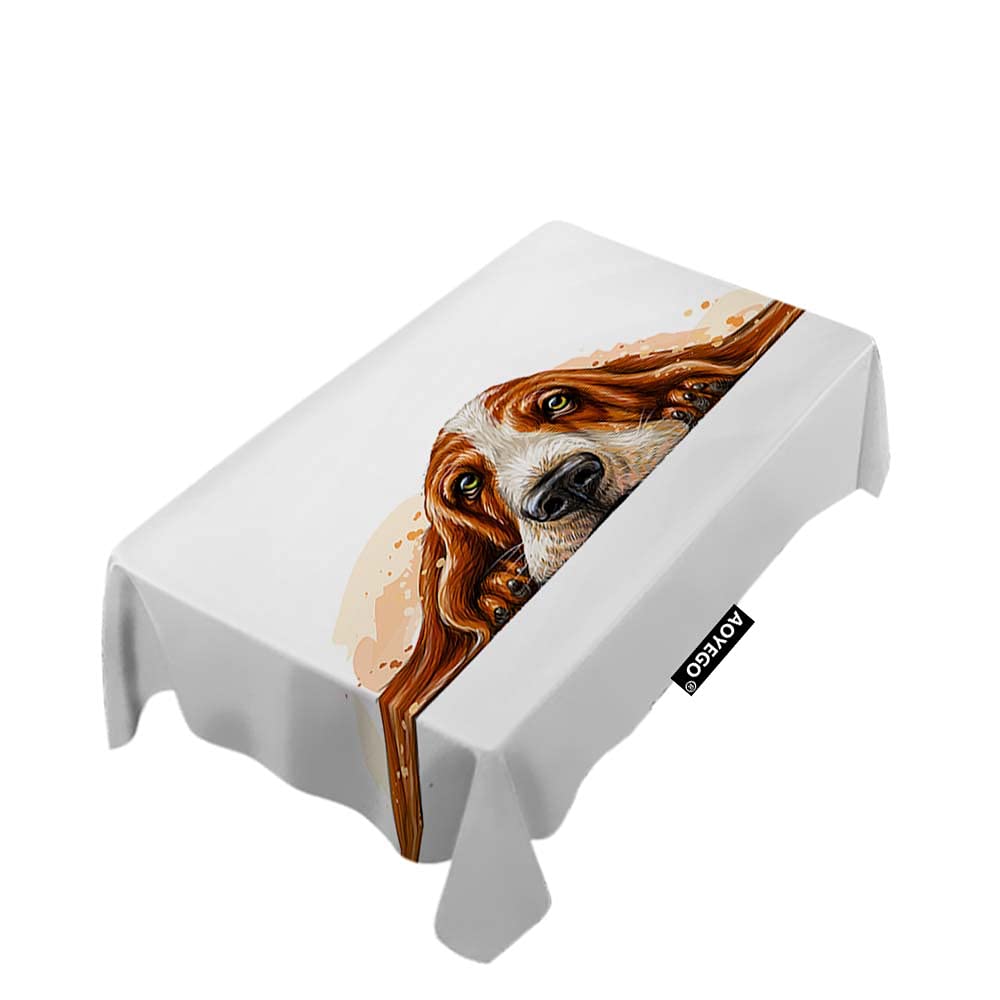 AOYEGO Waterproof Polyester Tablecloth 52x70 Inch - Cute Basset Hound Dog Portrait Design for Indoor Outdoor Dining, Party, Picnic & Home Decor - Washable Rectangle Table Cover for Kitchen, Patio, and Holiday Gatherings