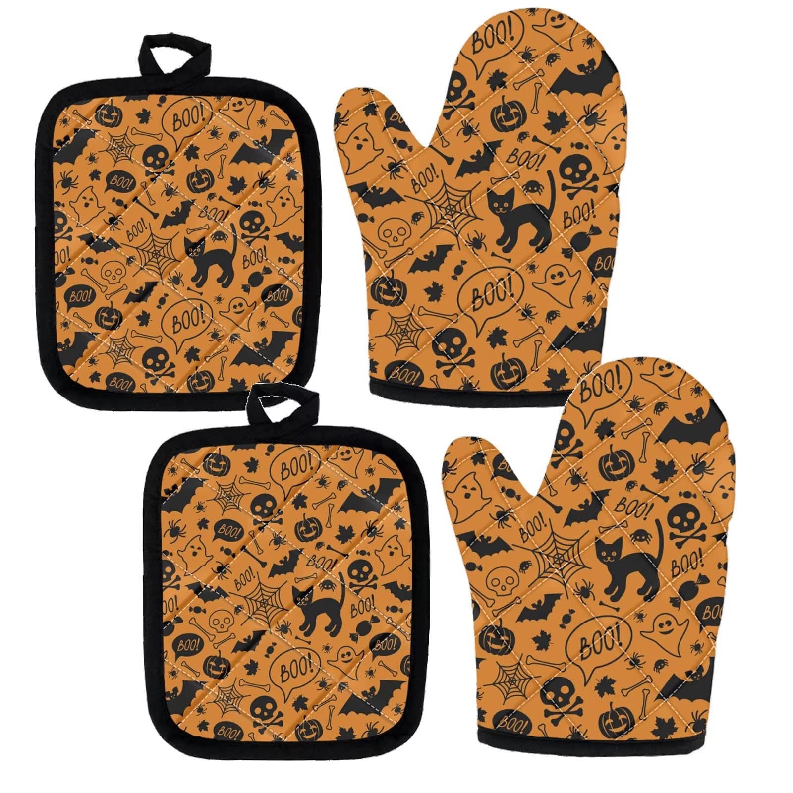 UNICEU Halloween Oven Mitts and Pot Holders Set - 4 Pack Funny Black Cat Ghost Print Kitchen Accessories for Cooking, Baking & BBQ | Spooky Kitchen Decor for Halloween Parties & Home Decor