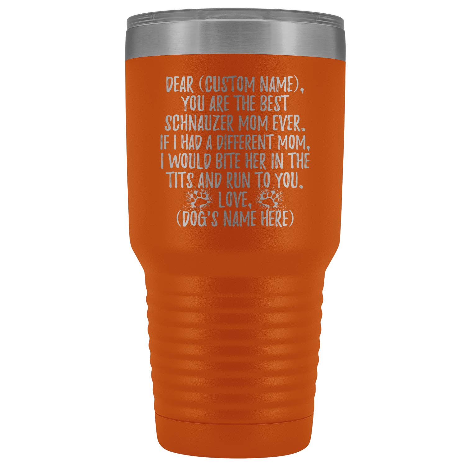 Personalized Schnauzer Dog Mom Tumbler - 30oz Insulated Travel Mug with Lid & Straw - Perfect Gift for Schnauzer Owners, Women & Dog Moms - Great for Coffee, Tea & Cold Drinks at Home, Office or Gym (Orange)