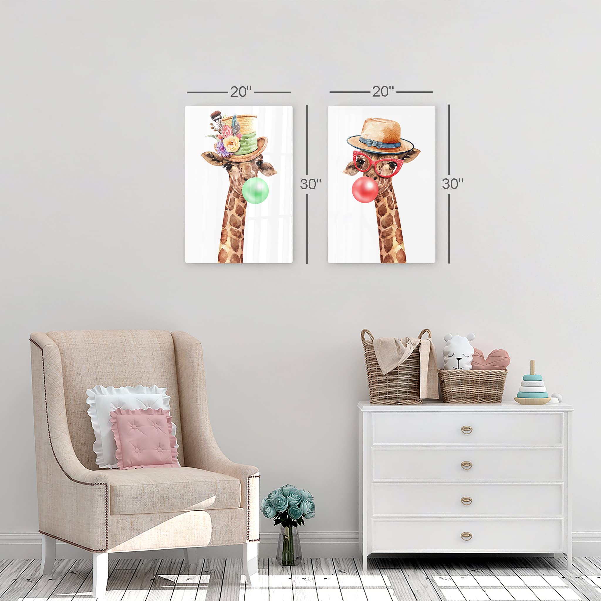 Giraffe with Flowered Hat Chewing Bubble Gum - 2 Piece Metal Wall Art Set, Animal Pop Art Decor for Living Room, Bedroom, Nursery (40x30) - Perfect for Kids Room, Baby Nursery & Modern Home Decor