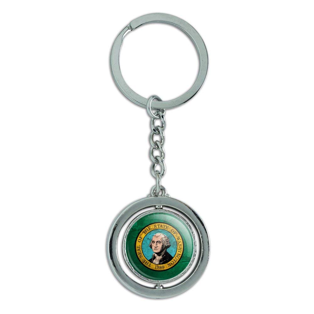 Vintage Rustic Washington State Flag Keychain - Distressed USA Design, Spinning Round Chrome Plated Metal - Perfect for Travel, Gifts & Key Organization