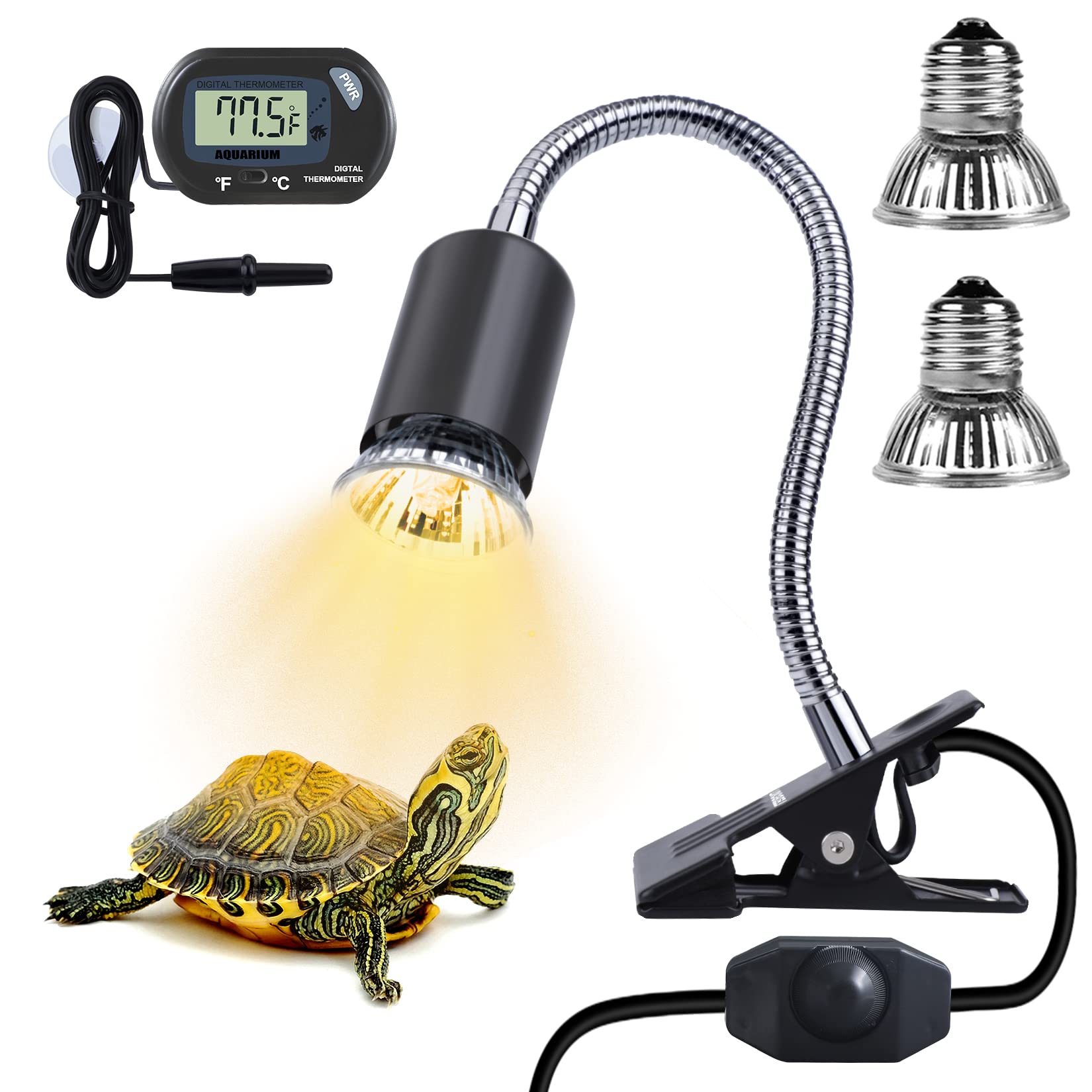 Reptile Heat Lamp Holder with Thermometer - 2 Pack 25W/50W UVA UVB Heat Bulbs for Lizards, Turtles, Snakes, Chickens - E26 Base 110V Replacement Bulbs for Terrariums & Reptile Habitats - Perfect for Basking, Warming & UV Lighting Needs
