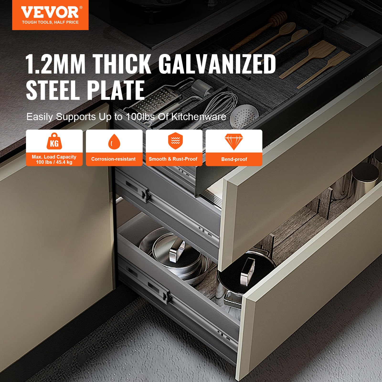 VEVOR 20 Inch Soft-Close Drawer Slides - 10 Pairs Heavy Duty Side Mount Rails, Full Extension Steel Ball Bearing Tracks for Kitchen Cabinets, Noiseless Glides with 100 Lbs Load Capacity - Perfect for Kitchen Remodeling, Office Furniture & Storage Organization