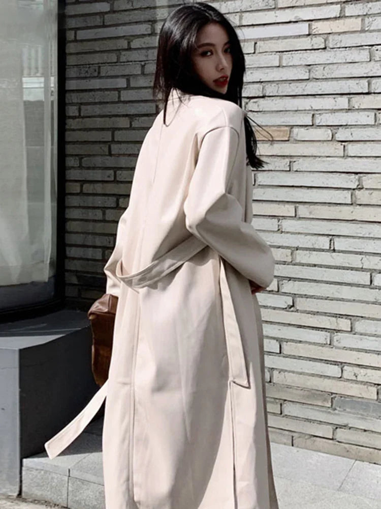 Stylish Women's Autumn Long Black PU Leather Trench Coat with Belt - Single Breasted Loose Fit Korean Fashion Outerwear for Fall 2022 | Perfect for Office, Dating & Casual Outings