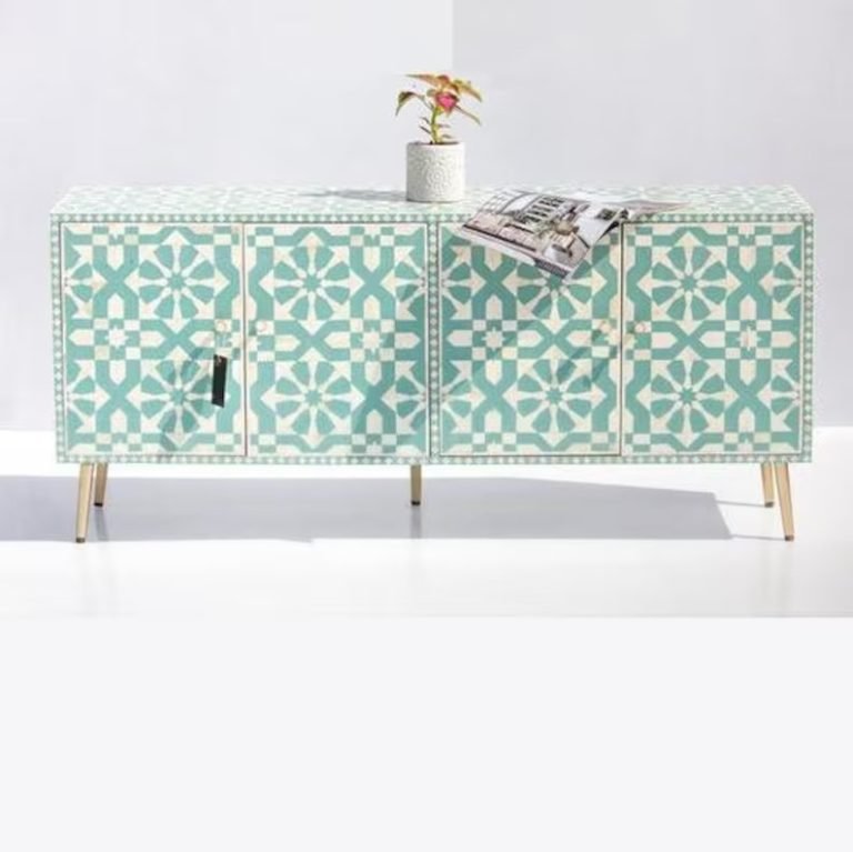 Handmade Bone Inlay Turquoise Moroccan Pattern Media Console Table - Vintage Boho TV Stand with Storage for Living Room, Bedroom & Home Decor