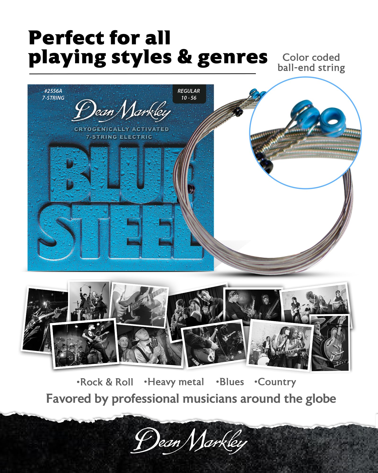 DEAN MARKLEY 2556A Blue Steel Electric Guitar Strings - 7-Piece Set | Cryogenically Treated for Extended Durability, Enhanced Performance & Superior Tone | Made in USA (10-56 Gauges) | Perfect for Rock, Blues & Metal Performances