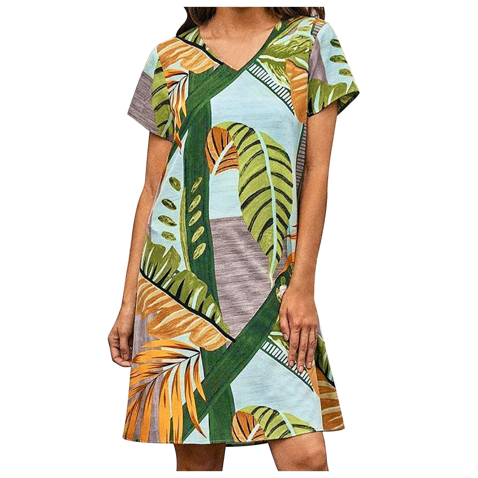 Women's Summer V-Neck Loose T-Shirt Dress - Short Sleeve Floral Print Shift Mini Dress for Casual Wear, Beach Outings & Vacation Essentials