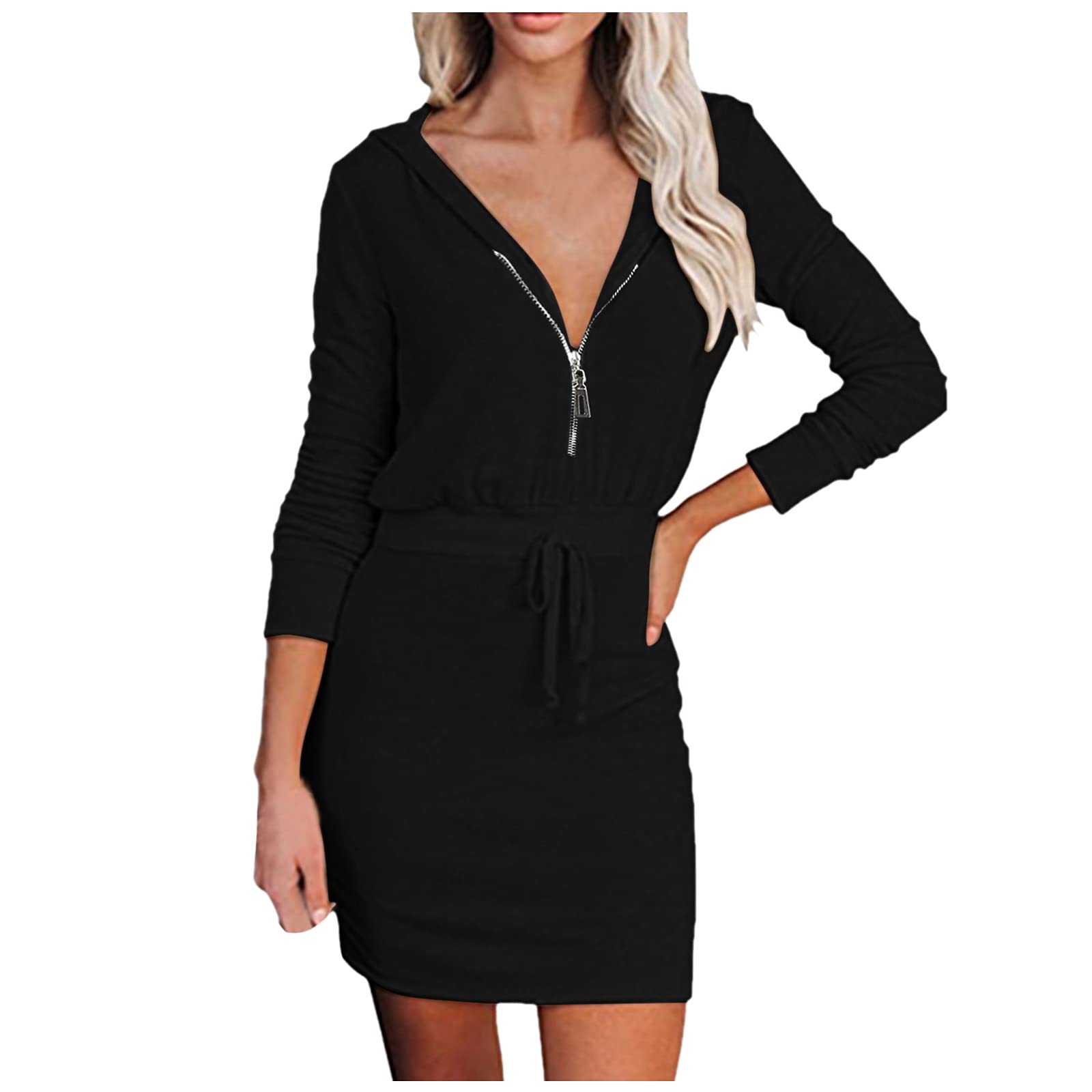Twoker Women's Casual Slim Fit Long Sleeve Zipper Hoodie Dress - Solid Color Pullover Tunic Sweater for Everyday Wear, Lounge, Street Style & Fall Outfits