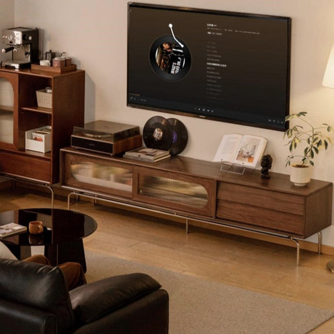 Solid Black Walnut Wood TV Stand with Sliding Barn Doors - Rustic High Foot Floor Storage Cabinet for Living Room, Bedroom & Home Theater