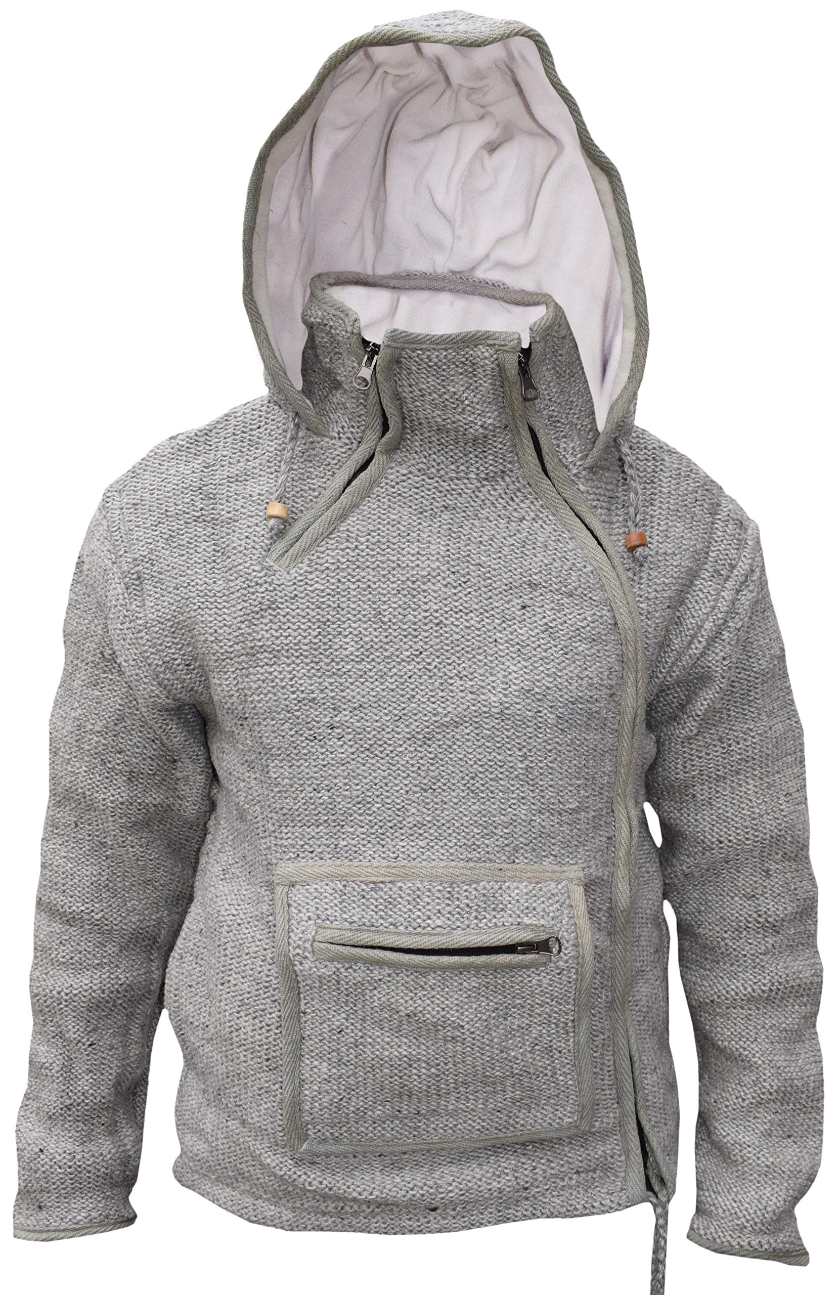 Gheri Plain Natural Woolen Winter Kangaroo Pouch Zip-Up Handmade Hoodie Jacket - Cozy Warm Fleece Pullover for Women & Men, Perfect for Outdoor Activities, Camping and Casual Wear