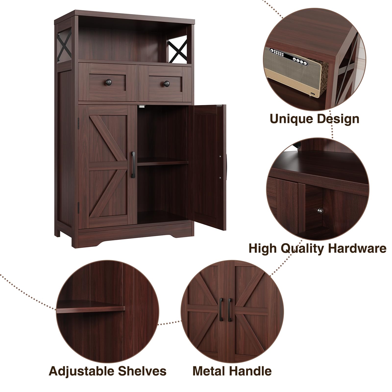 Dark Brown Storage Cabinet with Drawers and Shelves - Standing Kitchen Pantry Organizer, Floor Storage Hutch Cupboard for Coffee Bar Station | Perfect for Dining Room, Living Room & Home Office Organization