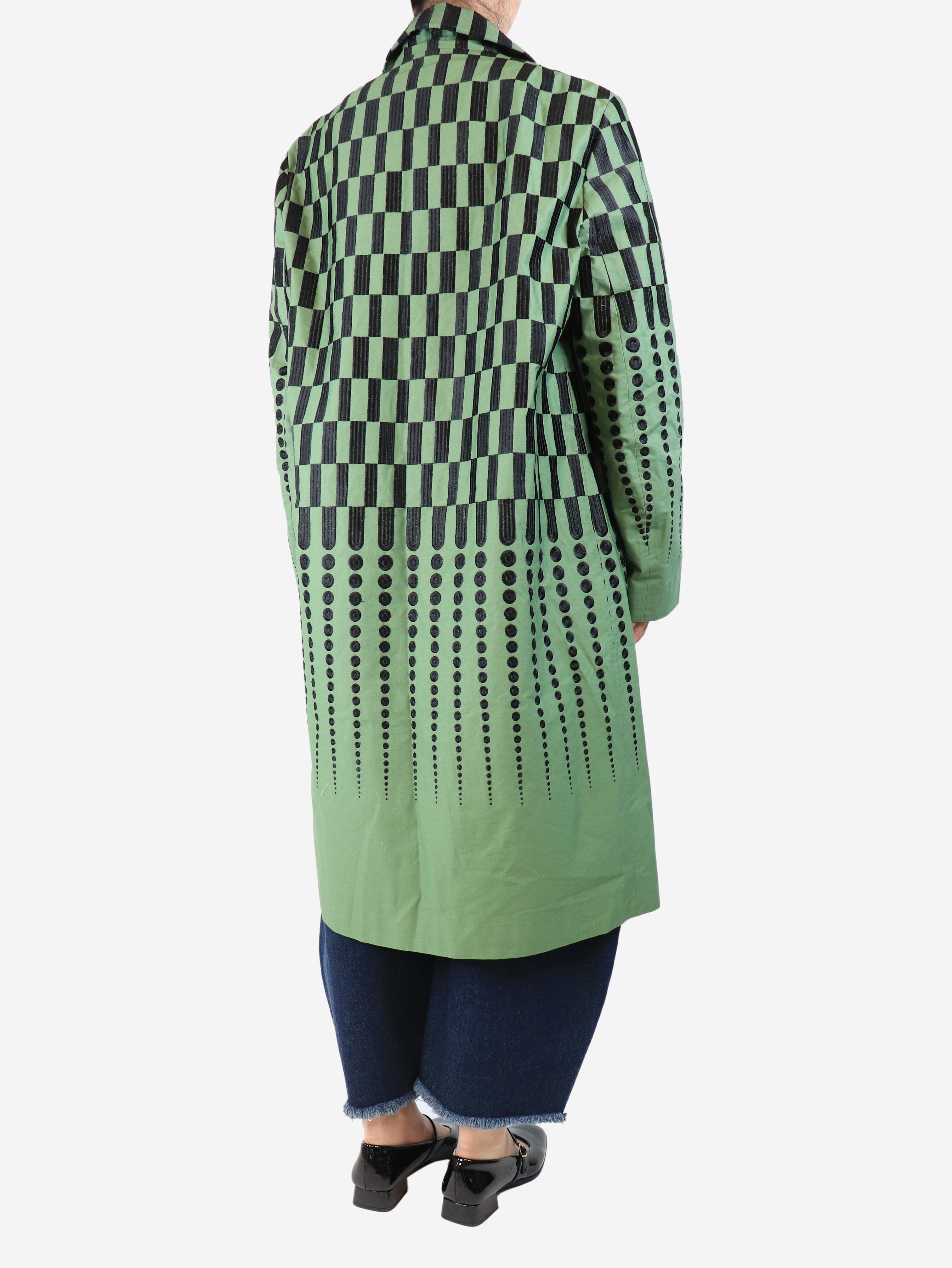 Stylish Green & Black Belted Embroidered Coat - UK Size 14 | Women's Fashion Outerwear for Fall & Winter | Perfect for Office, Parties & Special Occasions