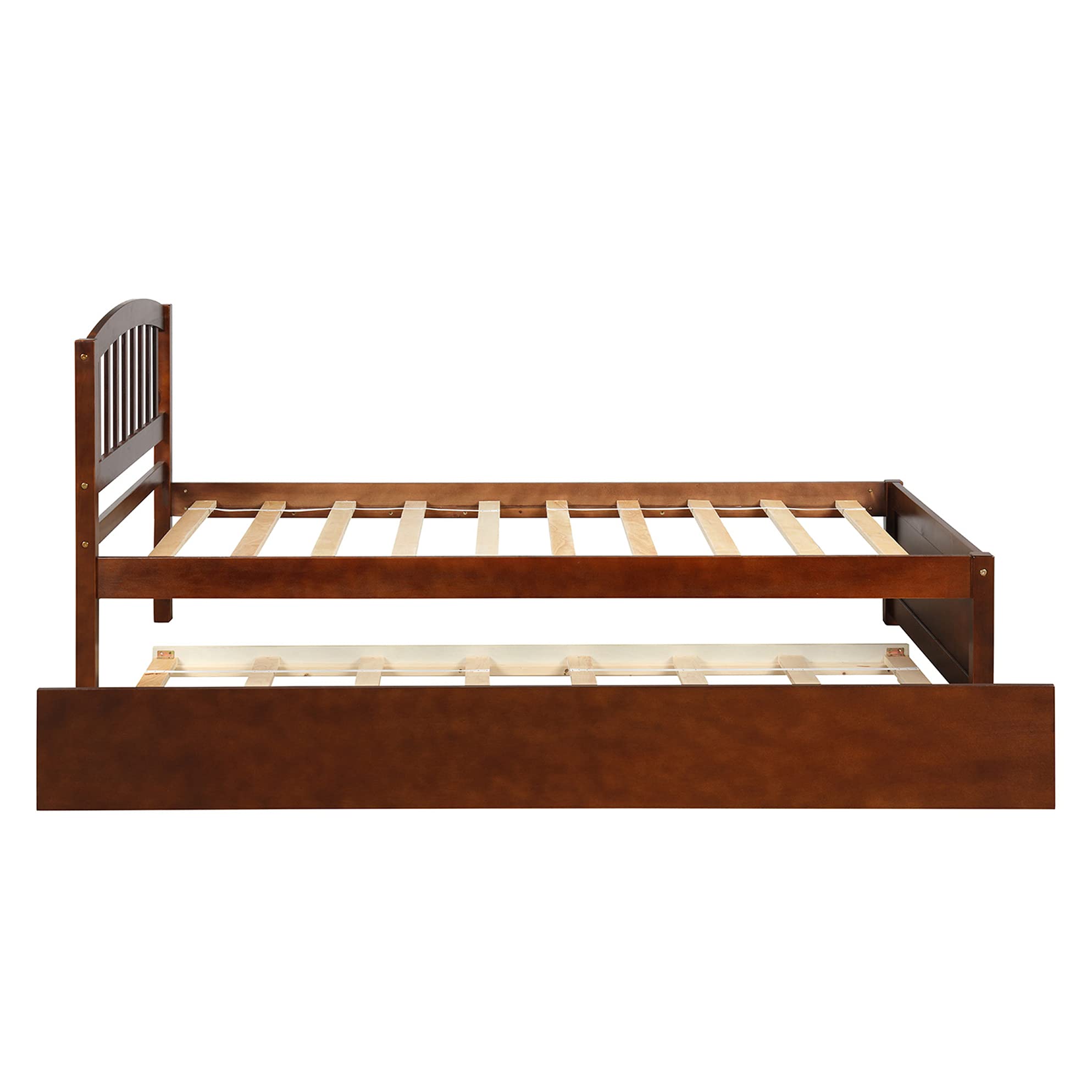 Harper & Bright Designs Twin Size Wooden Platform Bed with Trundle & Headboard - Sturdy Kids Bed Frame in Walnut Finish for Small Spaces, Guest Rooms & Children's Bedrooms