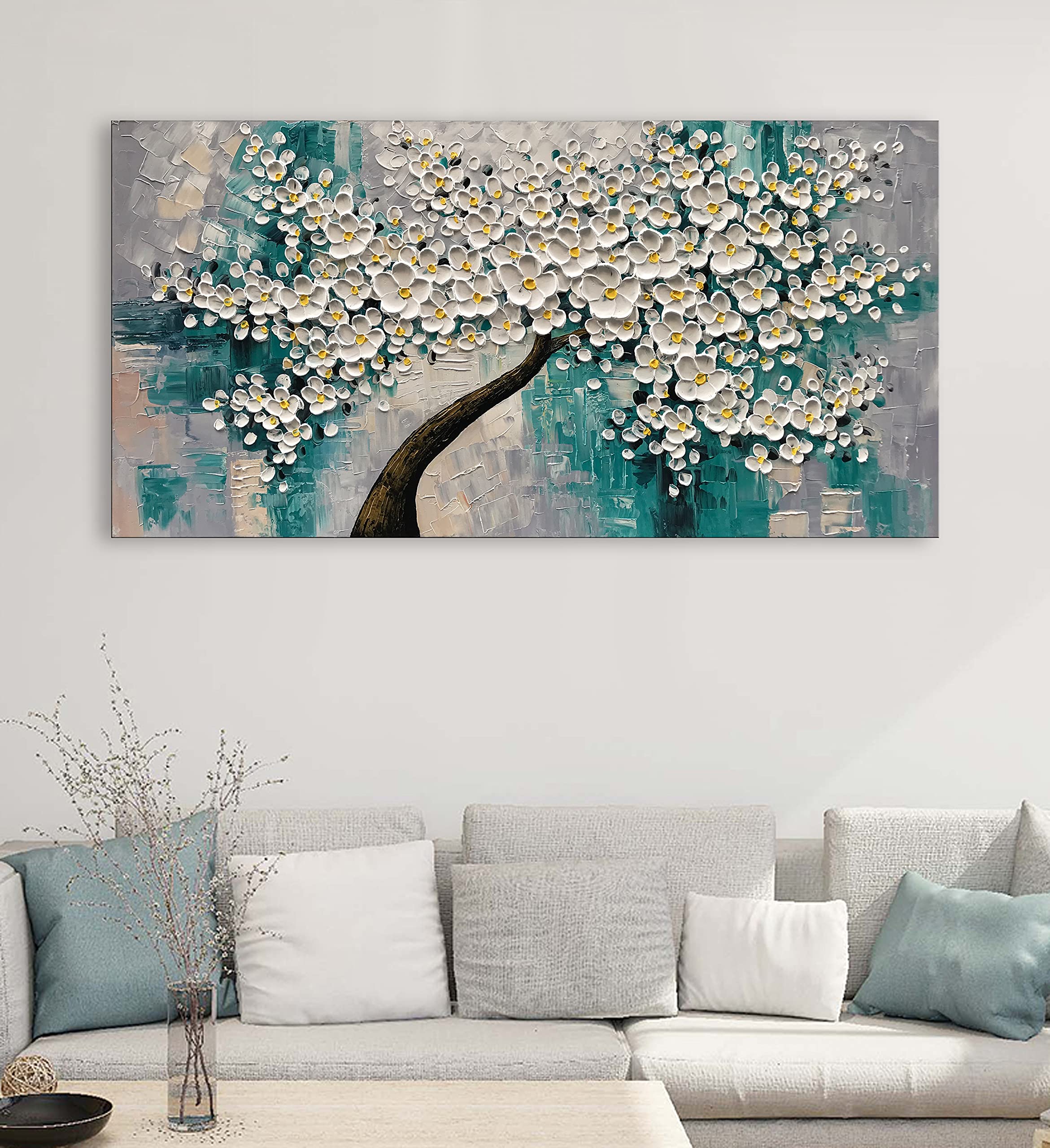 3D Abstract White Flower Tree Oil Painting - Textured Palette Knife Art - Modern Canvas Wall Decor for Living Room, Bedroom & Office (24x48 Inches) - Perfect for Home Decoration & Gift Giving