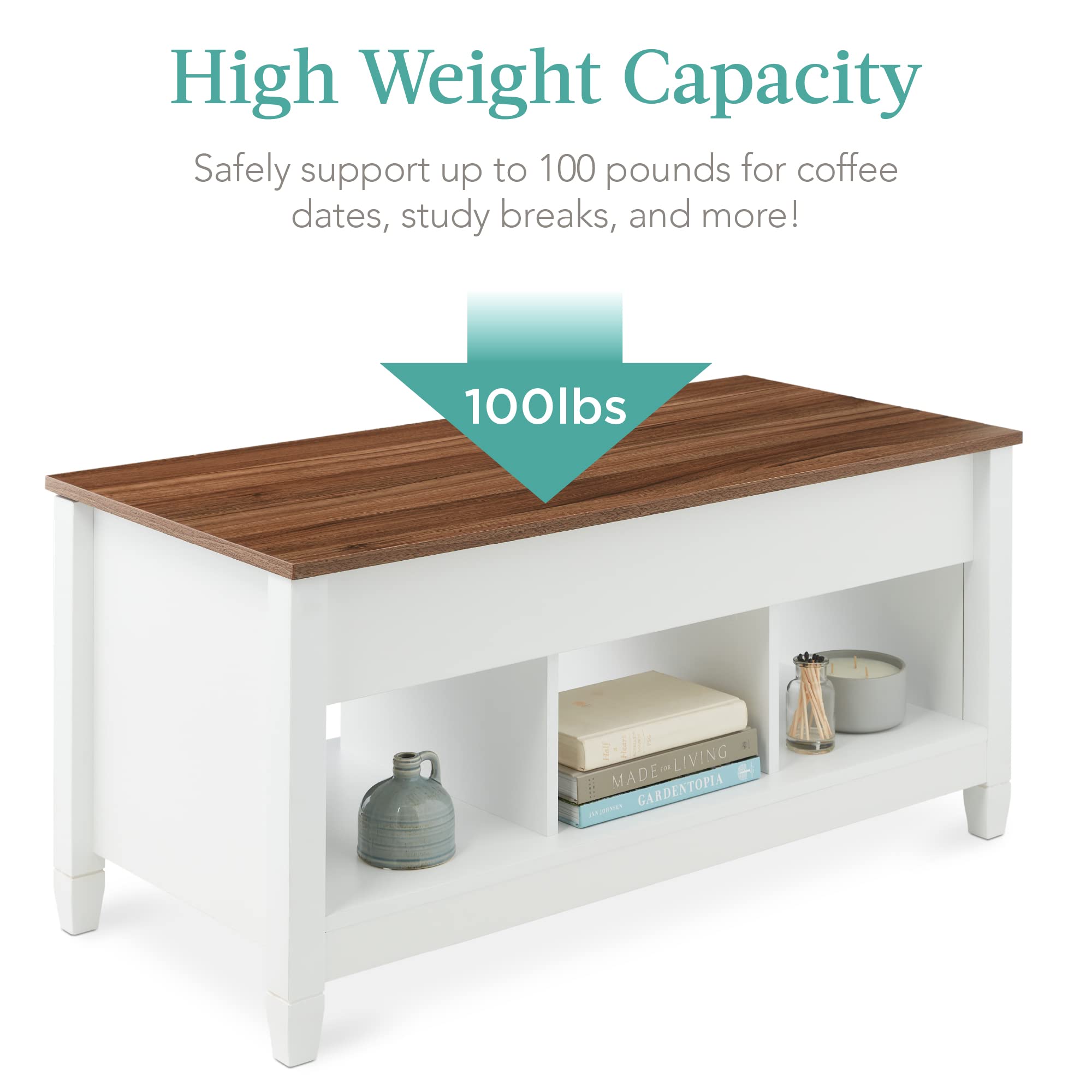 Best Lift Top Coffee Table with Hidden Storage - Solid Wood Dining & Accent Table for Living Room, Display Shelves - White/Brown - Perfect for Small Spaces & Home Organization