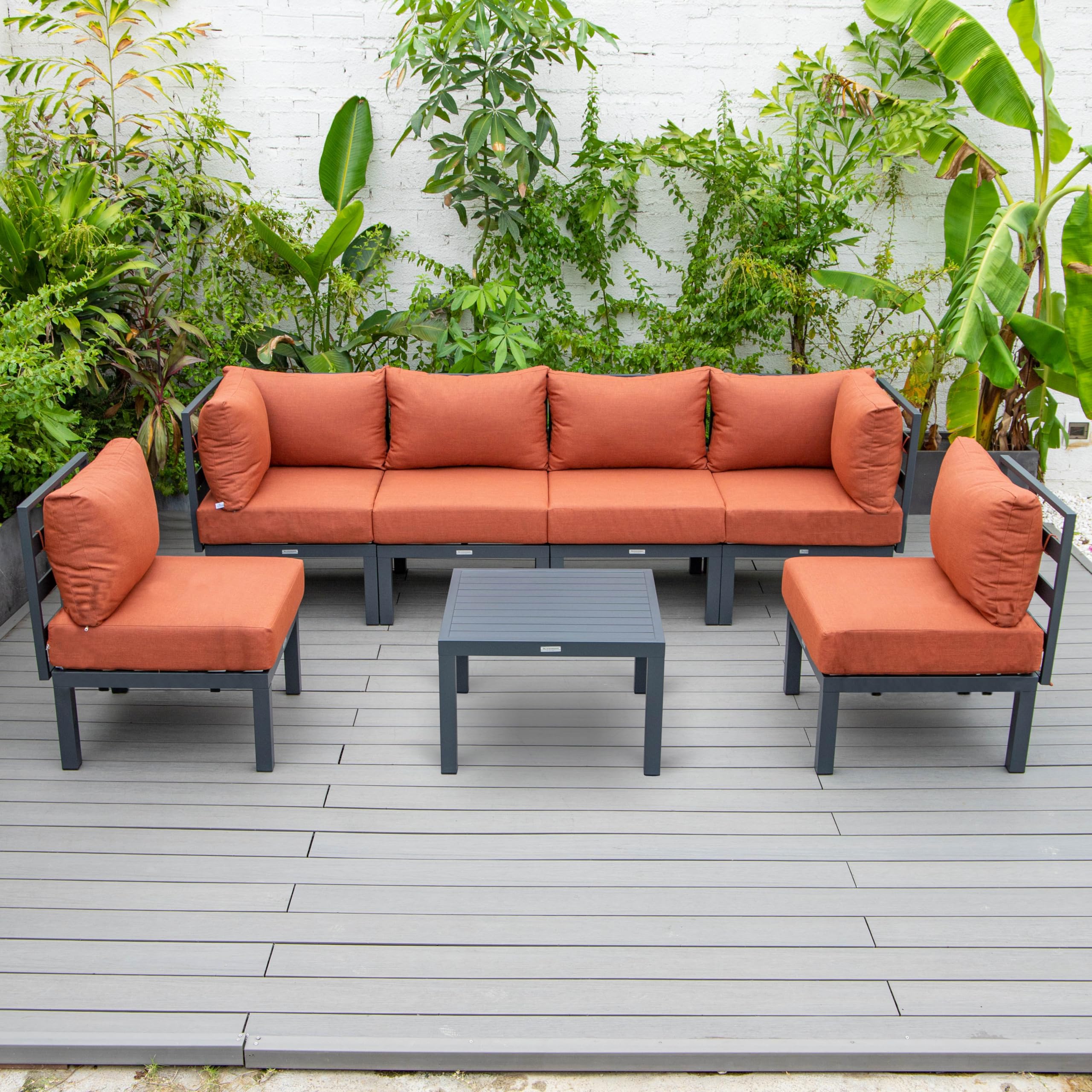 LeisureMod Chelsea 7-Piece Outdoor Patio Furniture Set - Aluminum Sectional Sofa with Weather-Resistant Cushions & Coffee Table - Orange - Perfect for Backyard, Garden, Poolside & Patio Relaxation