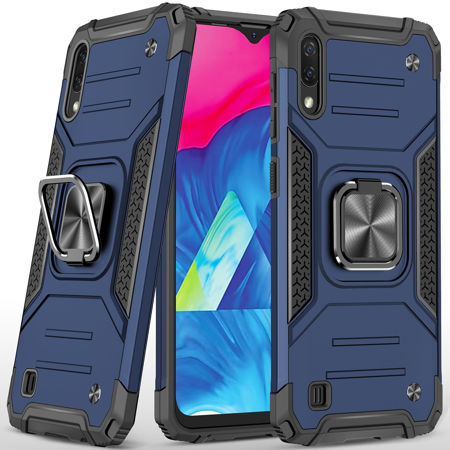 Military Grade Shockproof Case for Samsung Galaxy A10 & M10 with Built-in Kickstand - Heavy Duty Protective Cover with Holster - Blue (Perfect for Outdoor Activities, Work & Travel)