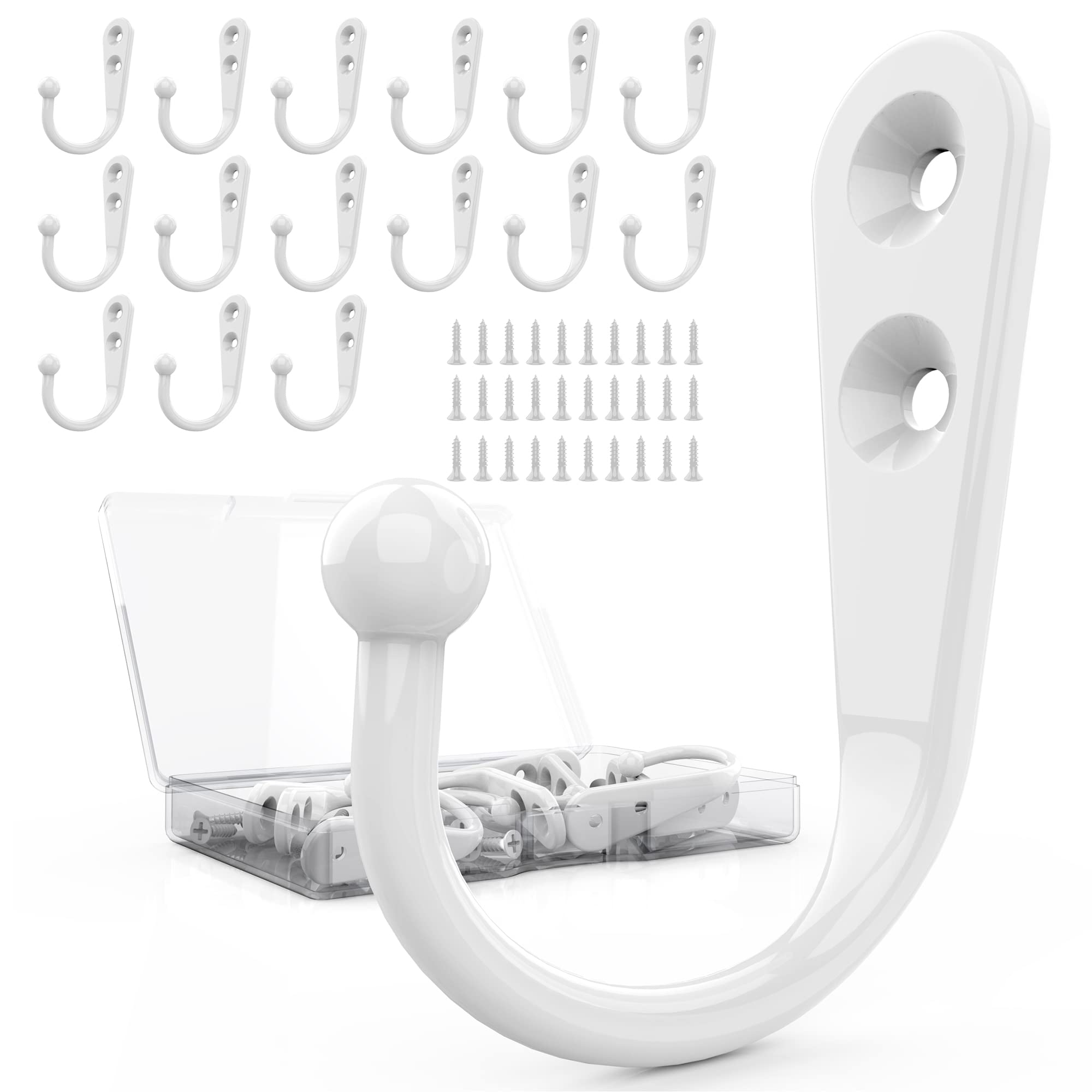 15-Pack White Wall Mount Coat Hooks - Heavy Duty Robe, Backpack & Hat Hangers with 30 Screws Included - Perfect for Mudroom, Entryway, Bathroom & Closet Organization