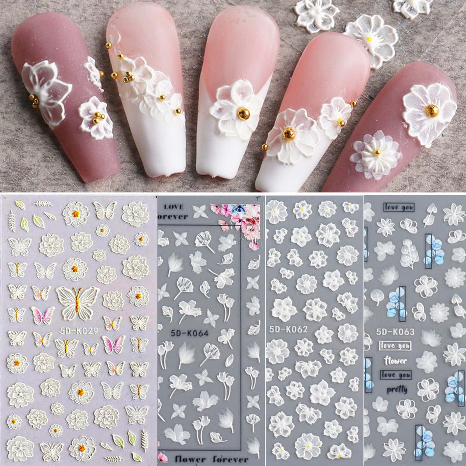 5D Flower Nail Art Stickers - 4 Sheets Embossed Self-Adhesive French Manicure Decals for Women, White Floral Butterfly Leaf Designs - Perfect for Valentine's Day, Holidays & DIY Acrylic Nails - Salon Quality Nail Art Supplies for Home & Professional Use