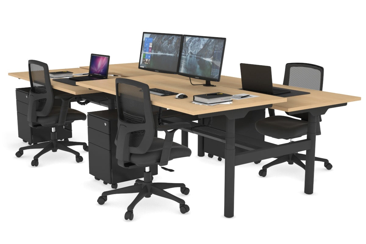 Flexi Premium 4-Person Height Adjustable H Bench Workstation - Black Frame (1600L x 800W) with Cable Management | Ideal for Office, Coworking Spaces & Home Workstations