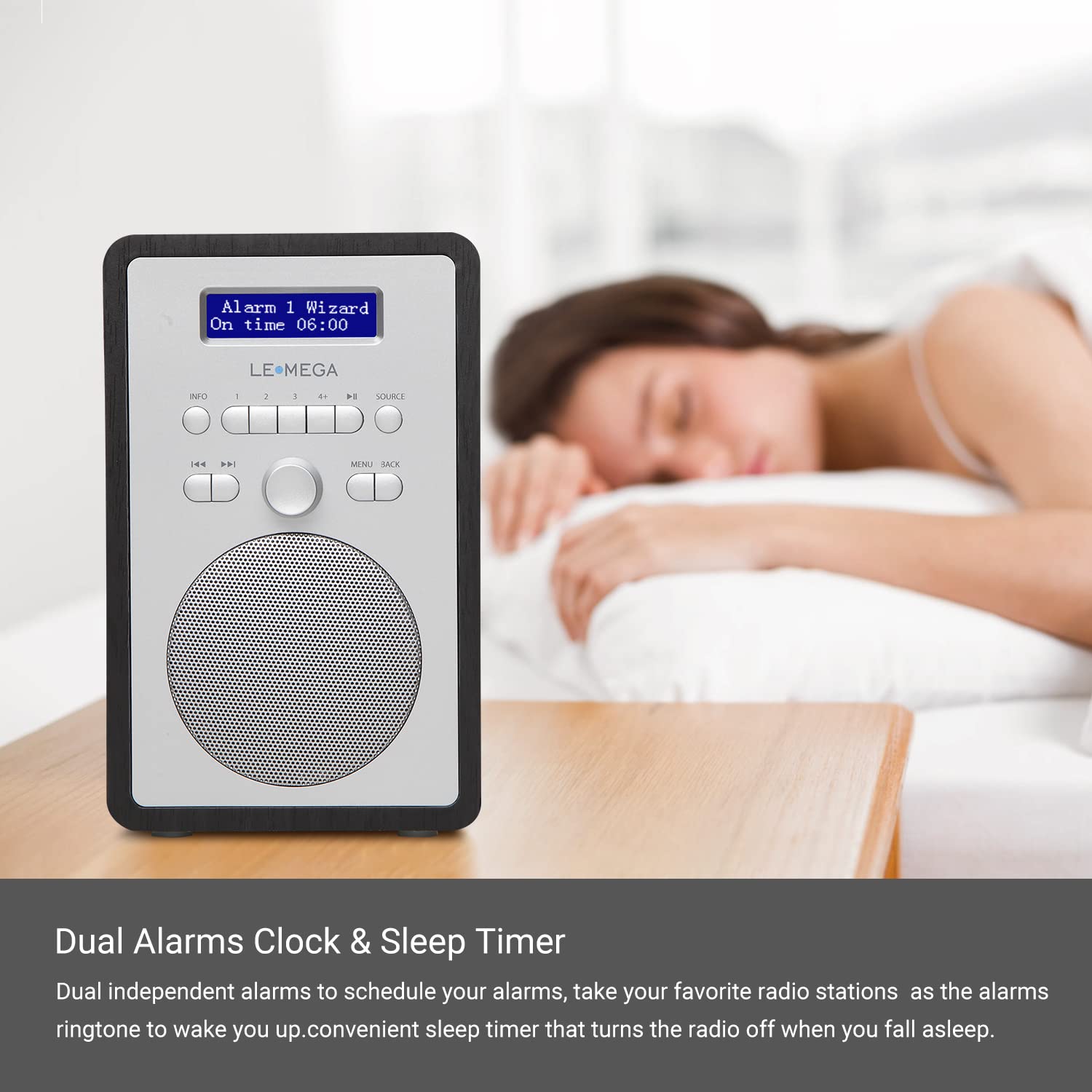 LEMEGA CR2+ DAB/DAB+ Digital Radio with FM, Dual Alarm Clock, Sleep Timer & 20 Preset Stations - Wood Effect Black Oak Finish for Kitchen, Bedroom & Office Use