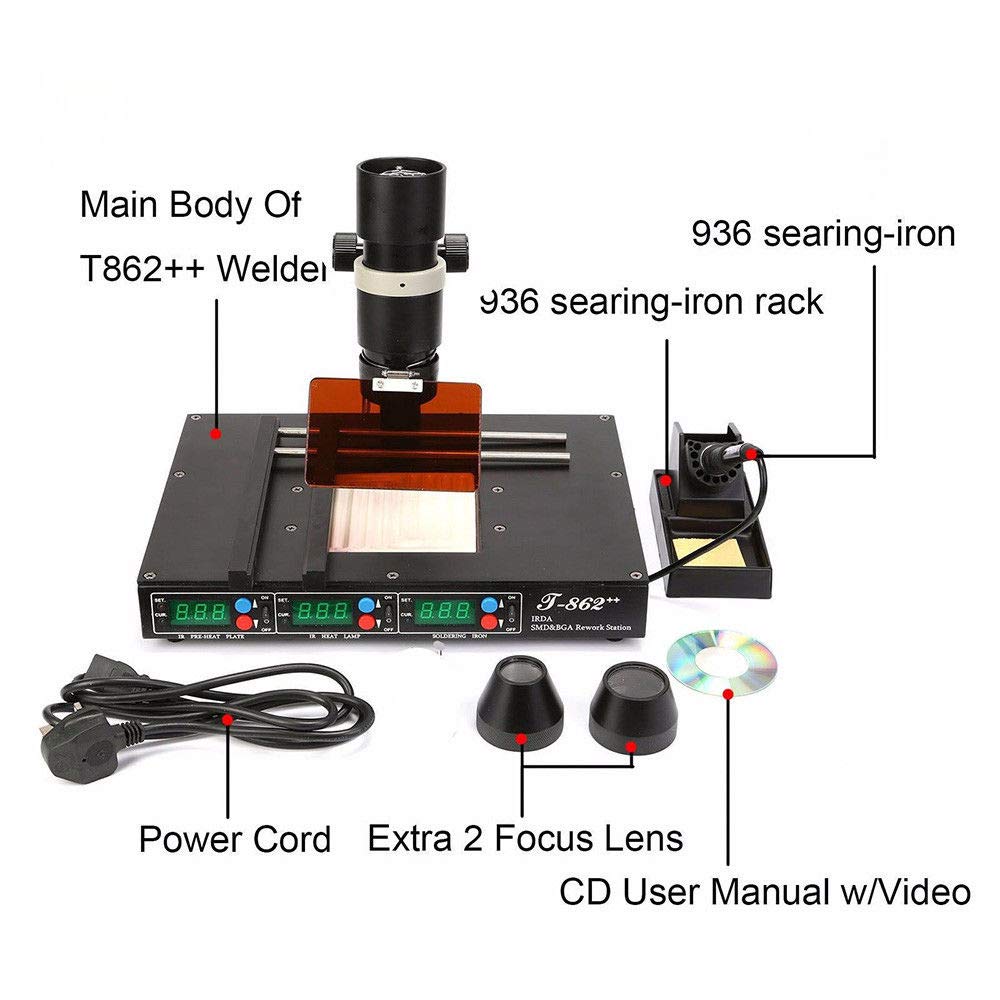 Professional T862++ SMD/BGA Rework Station with Infrared Heating - SMT Soldering & Desoldering Machine for PCB Repair (US Stock) | Ideal for Electronics Repair, DIY Projects & Circuit Board Maintenance