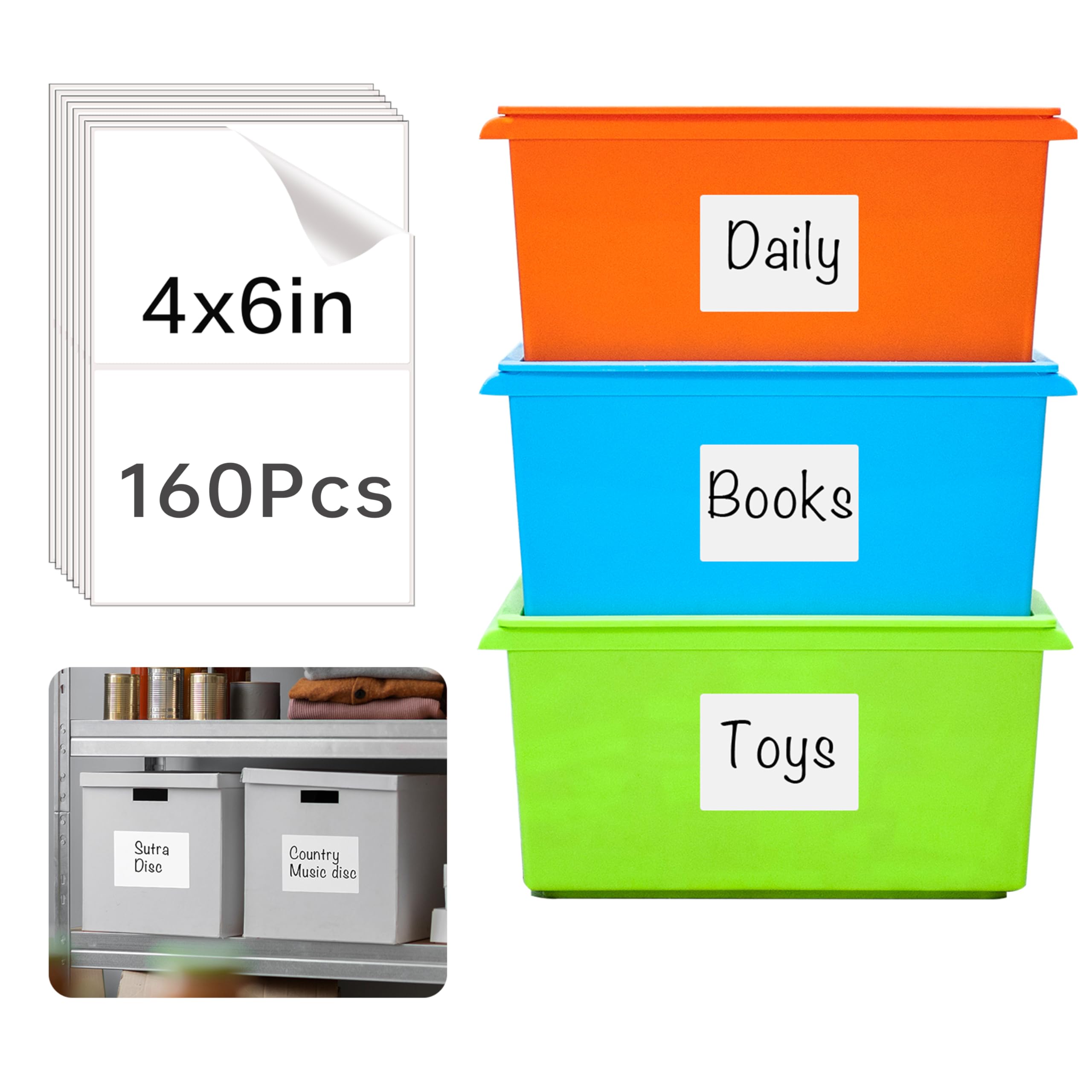 160 Pcs Removable Storage Bin Labels - 6x4 Inch Tear-Resistant Matte White Blank Box Labels for Home, School & Business Organization | No Residue | Perfect for Pantry, Garage & Office Storage Solutions