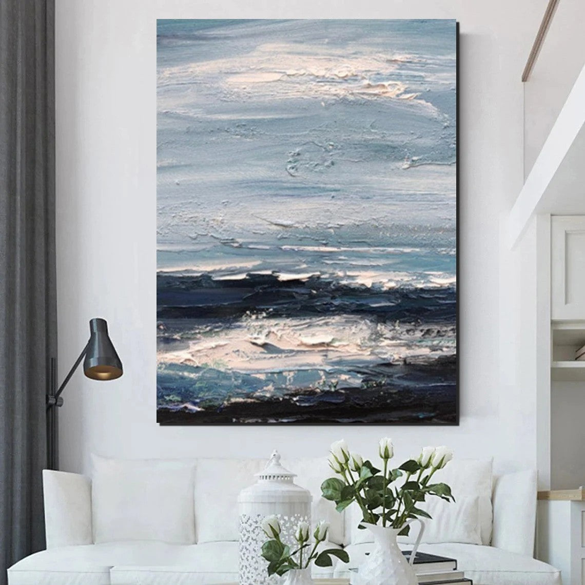 Contemporary Modern Impasto Art Paintings - Blue Simple Abstract Wall Decor for Living Room - Large Palette Knife Artwork - Perfect for Home & Office Decor