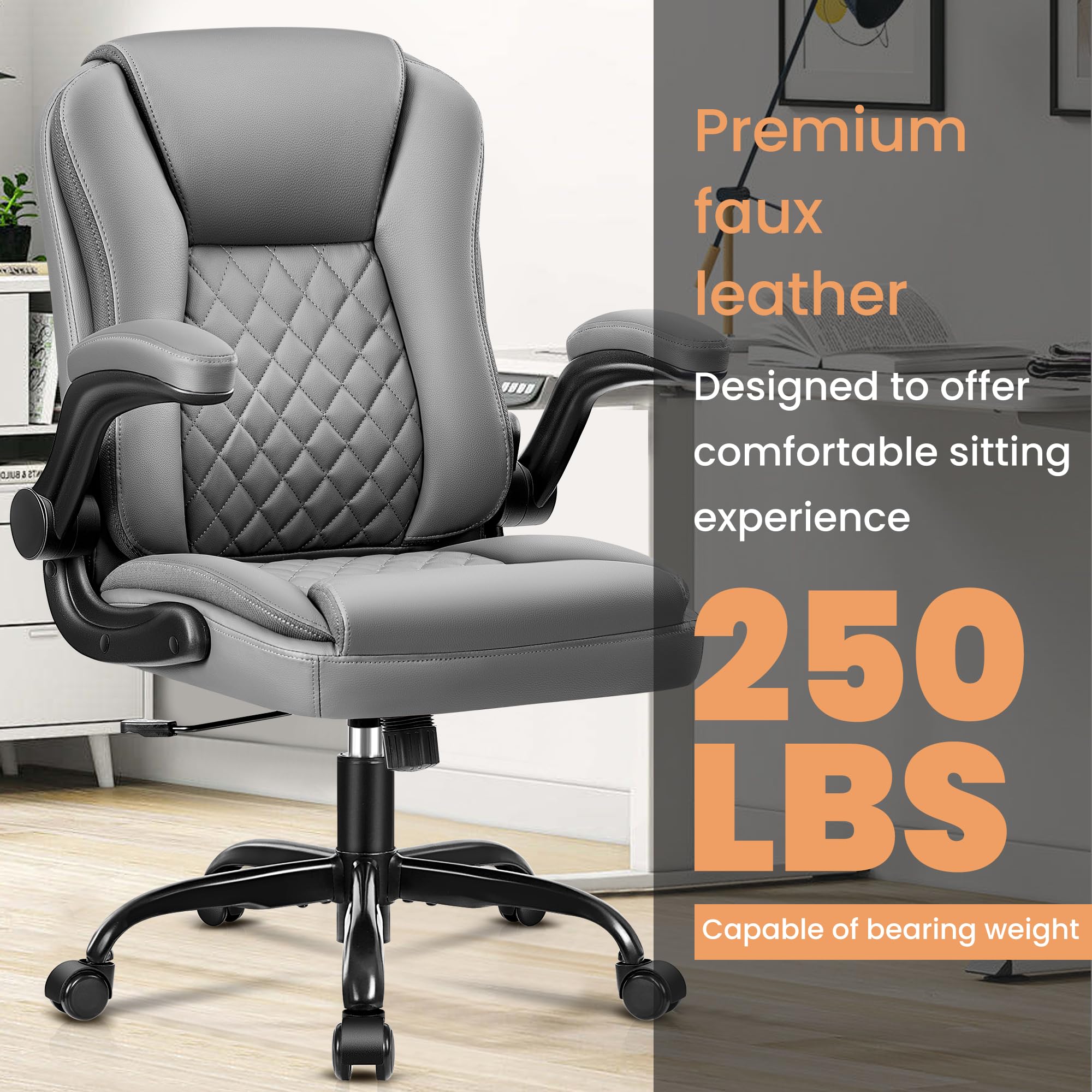 Premium Ergonomic Office Chair - Executive Leather Computer Desk Chair with Wheels, Swivel, Lumbar Support & Flip-Up Armrests - Gray - Perfect for Home Office, Gaming & Workspaces