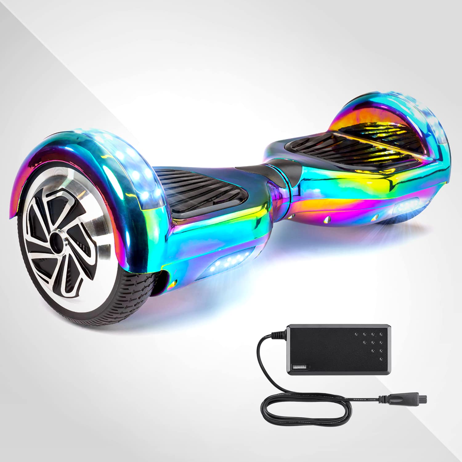 Rainbow Chrome Hoverboard - 2X Battery Life & Durable Aluminum Wheels for Kids & Adults (Up to 220lbs) | Bluetooth, LED Lights, Carrying Bag Included | Perfect for Commuting, Gifts & Outdoor Fun