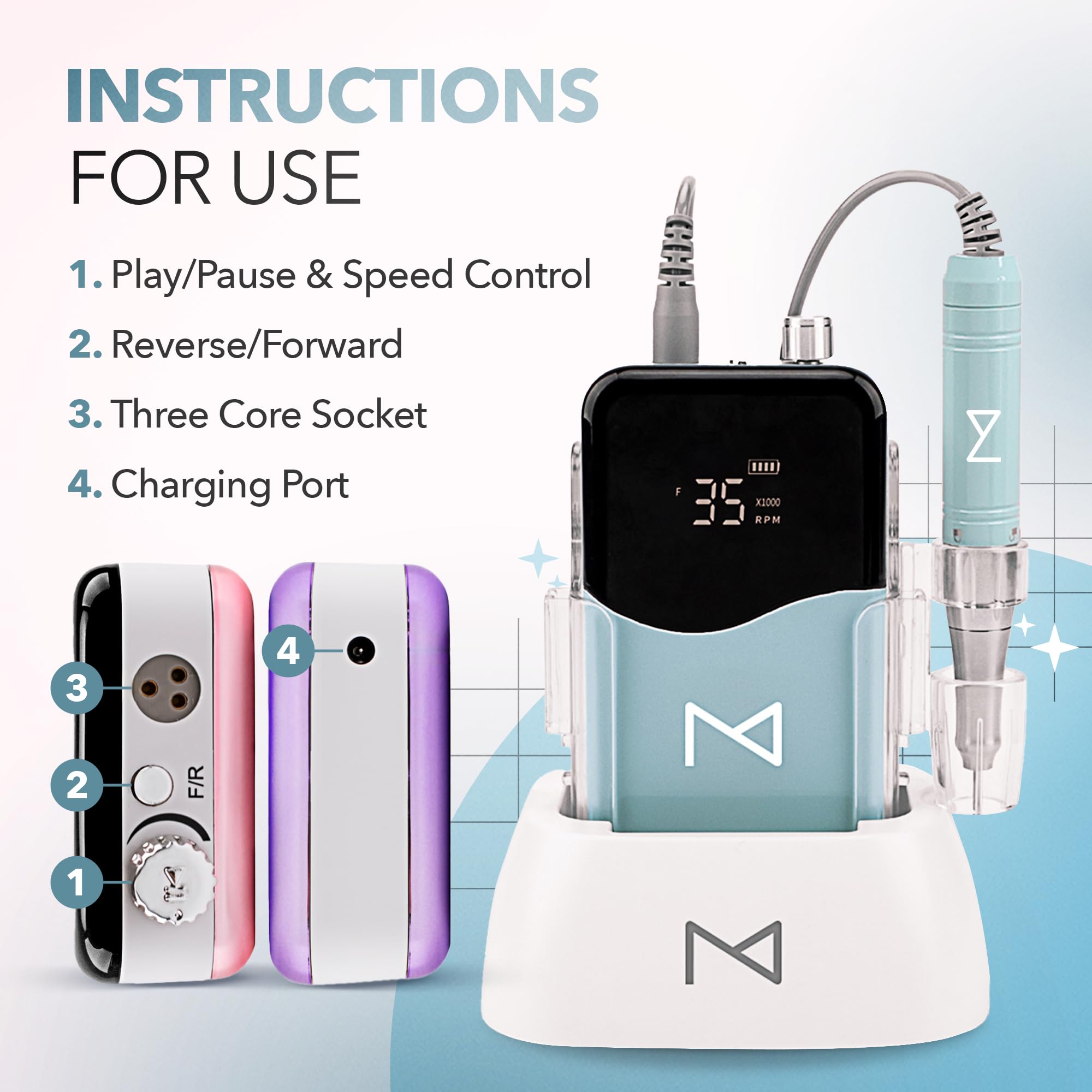 Professional Nail Drill Machine - Coreless 2-in-1 Electric Nail File, Cordless, 35000 RPM, HD Display - Salon & Home Manicure Pedicure Kit (Teal) - Perfect for Nail Art, Acrylics & Gel Extensions