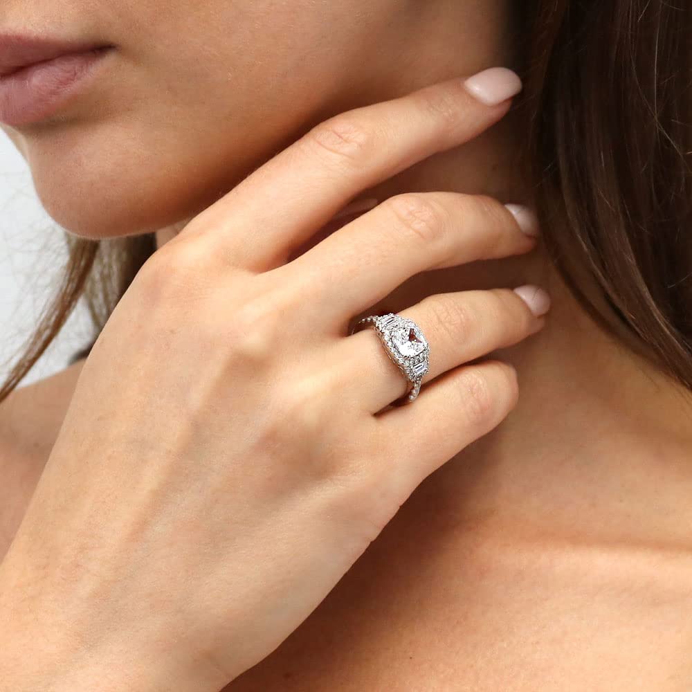 BERRICLE Sterling Silver 3-Stone Wedding & Engagement Ring for Women - 2 Carat Cushion Cut Cubic Zirconia CZ Halo Ring, Rhodium Plated, Size 4-10 - Perfect for Proposals, Anniversaries & Special Occasions