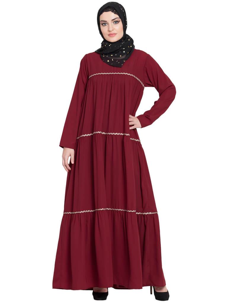 Elegant Arabic 3-Panel Gathered Abaya with Zig Zag Lace Flare - Maroon Color for Women | Perfect for Eid, Wedding & Special Occasions